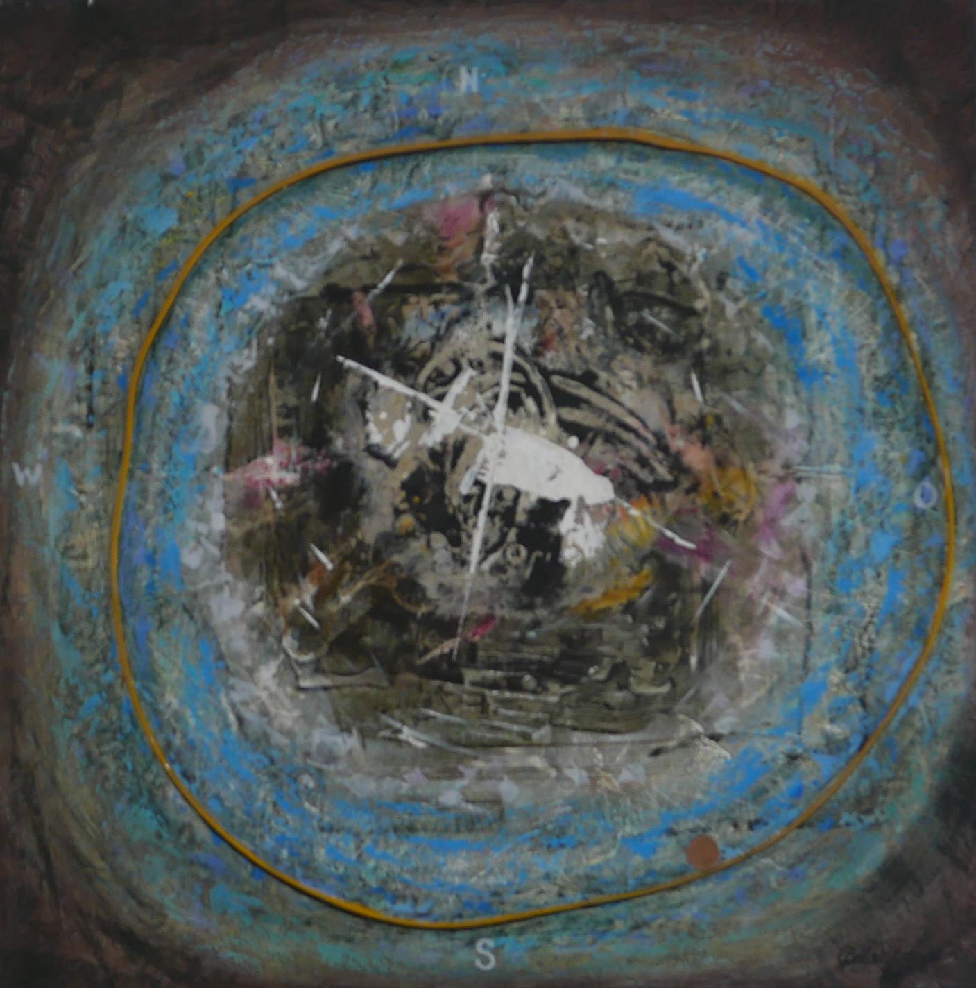 Gogi Gelantia Abstract Painting - Milky Way - painting, found objects, compass, circular, blue, gold, abstract
