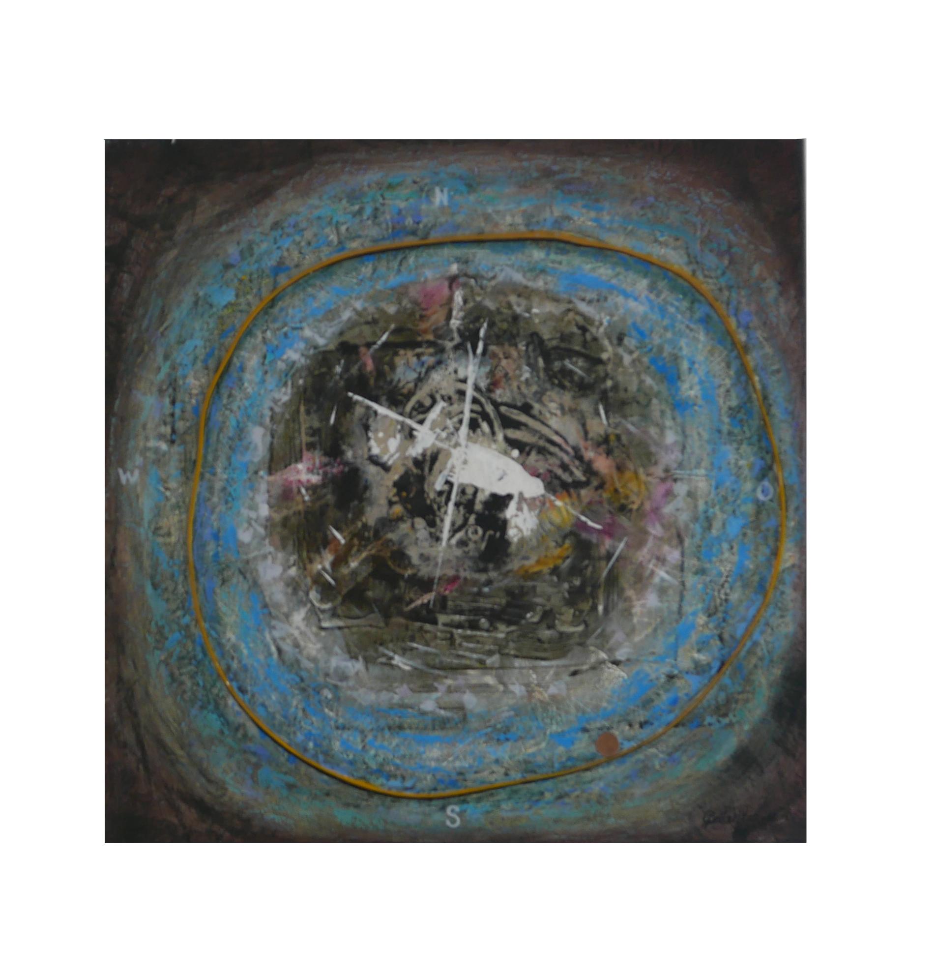 Milky Way - painting, found objects, compass, circular, blue, gold, abstract - Painting by Gogi Gelantia