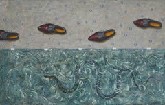 Him and I - painting, figurative, symbolism, blue, grey, snake, shoes, acrylic