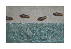 Him and I - painting, figurative, symbolism, blue, grey, snake, shoes, acrylic