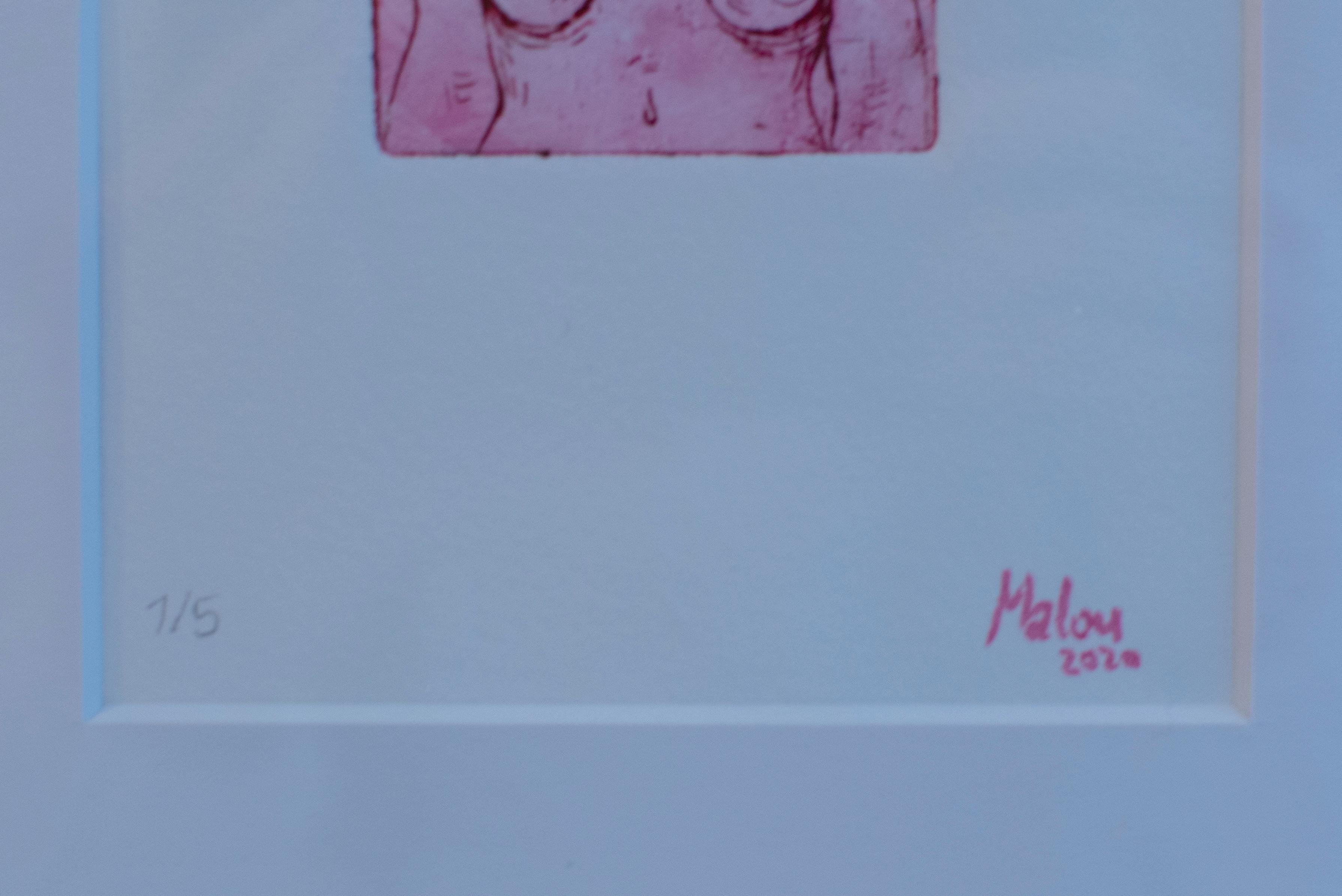 Oberkörper 2 - etching, paper, print, pink, white, young artist, 21st century - Gray Nude Print by Malou Großklaus
