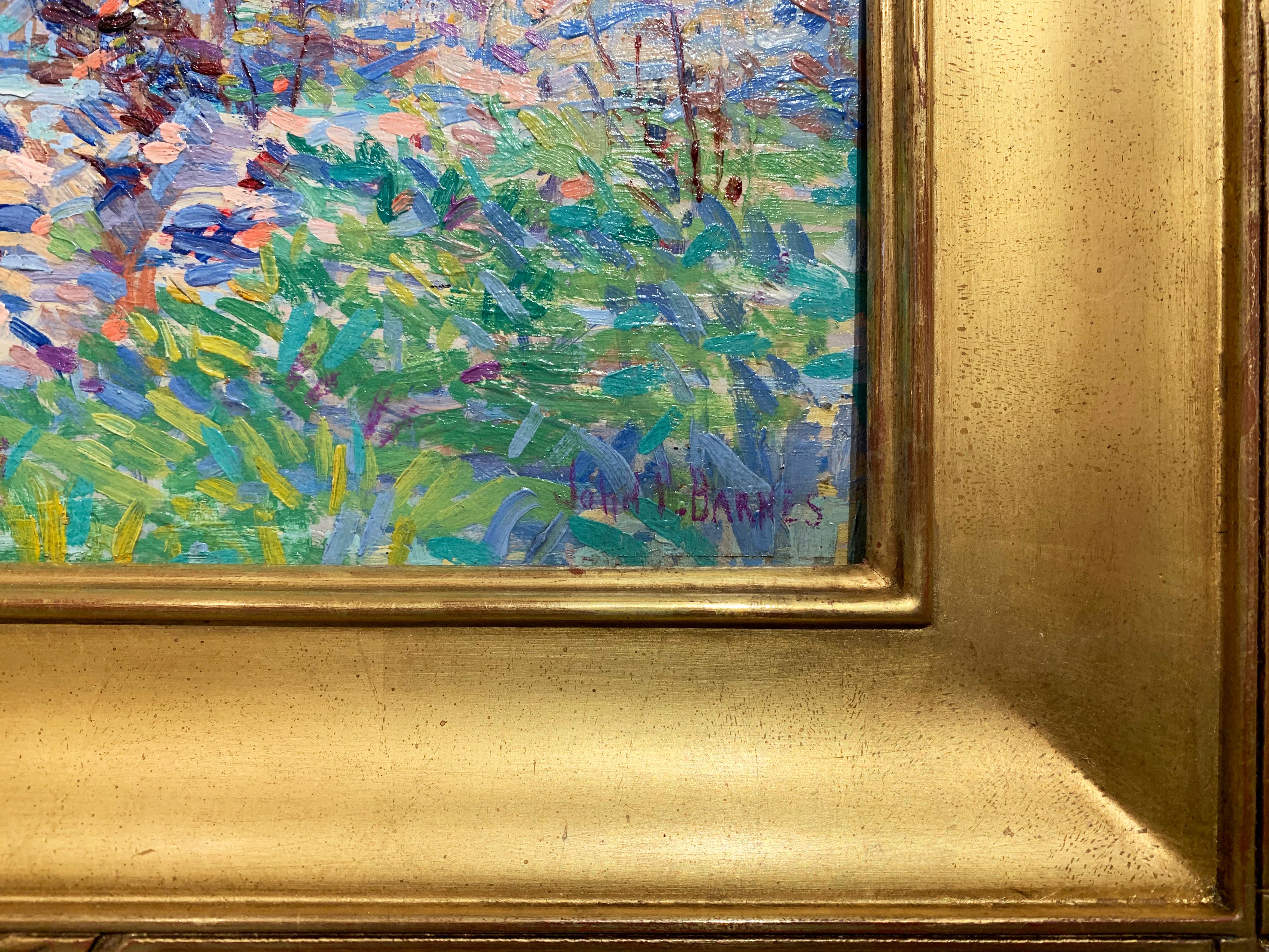 Waterfall, American Impressionist Landscape, Springtime, Oil on Board, Framed - Painting by John Pierce Barnes