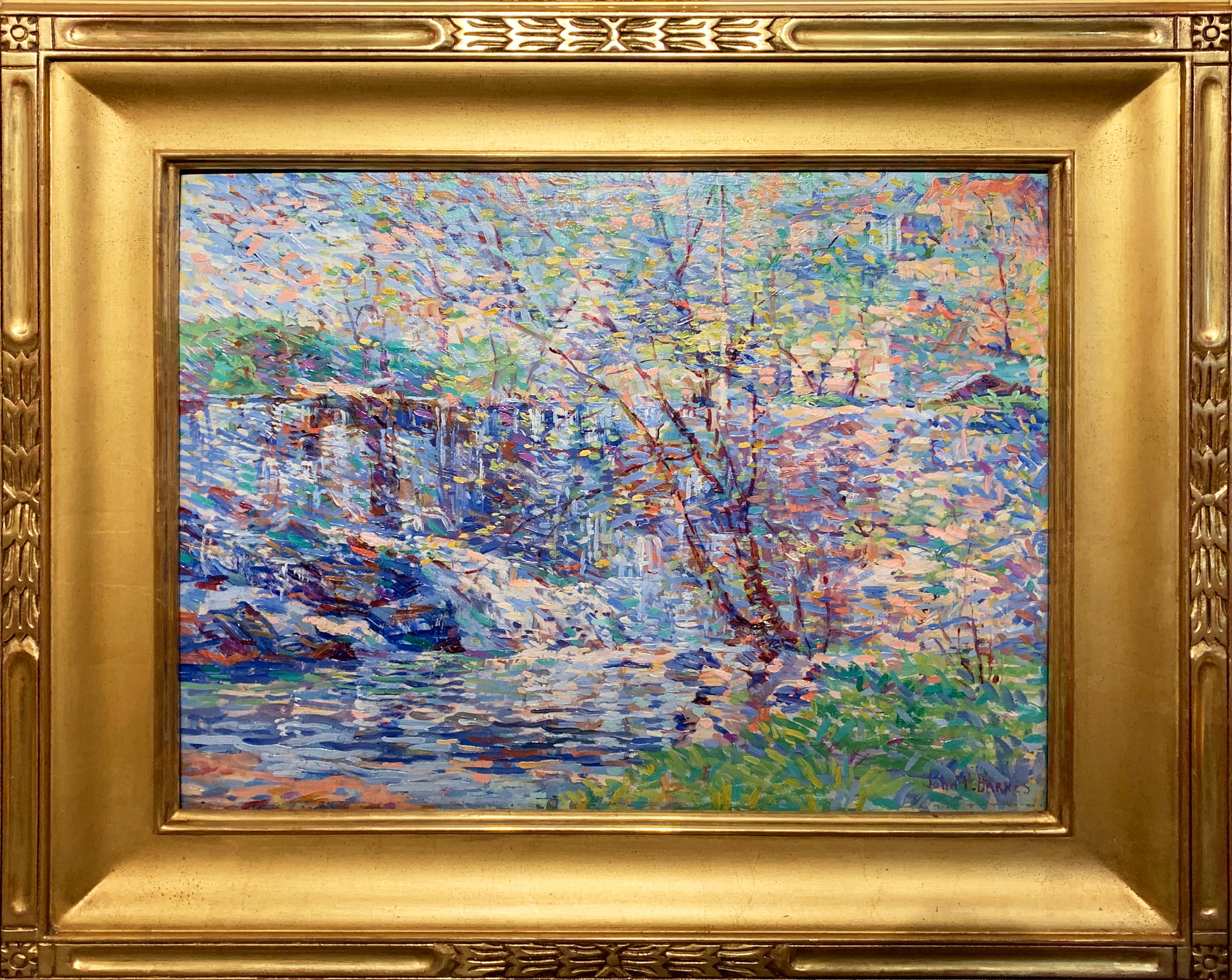 John Pierce Barnes Landscape Painting - Waterfall, American Impressionist Landscape, Springtime, Oil on Board, Framed