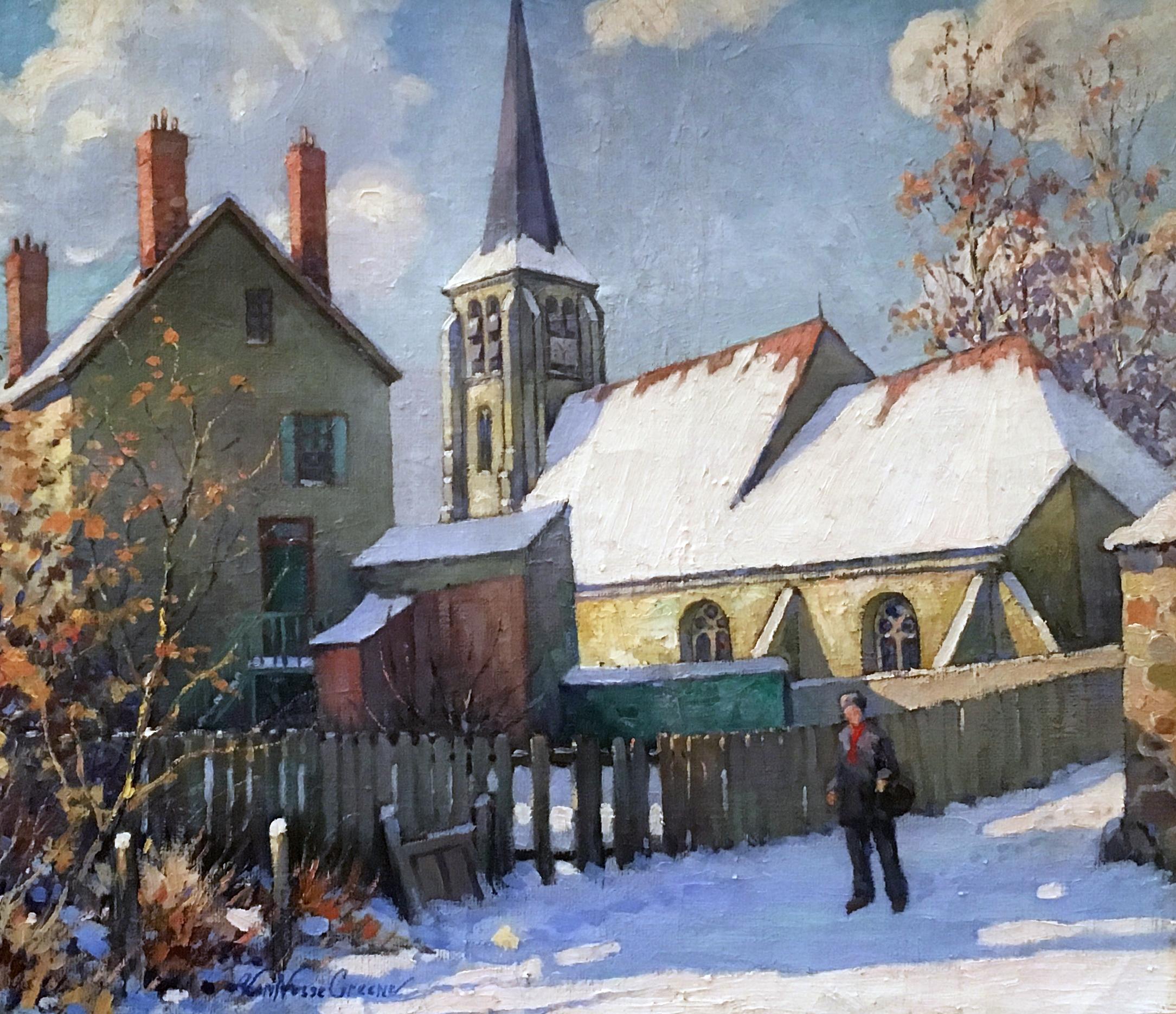 La chiesa dell'Old Swede in inverno, scena della città di Philadelphia, Impressionista americano - Painting di Albert Van Nesse Greene