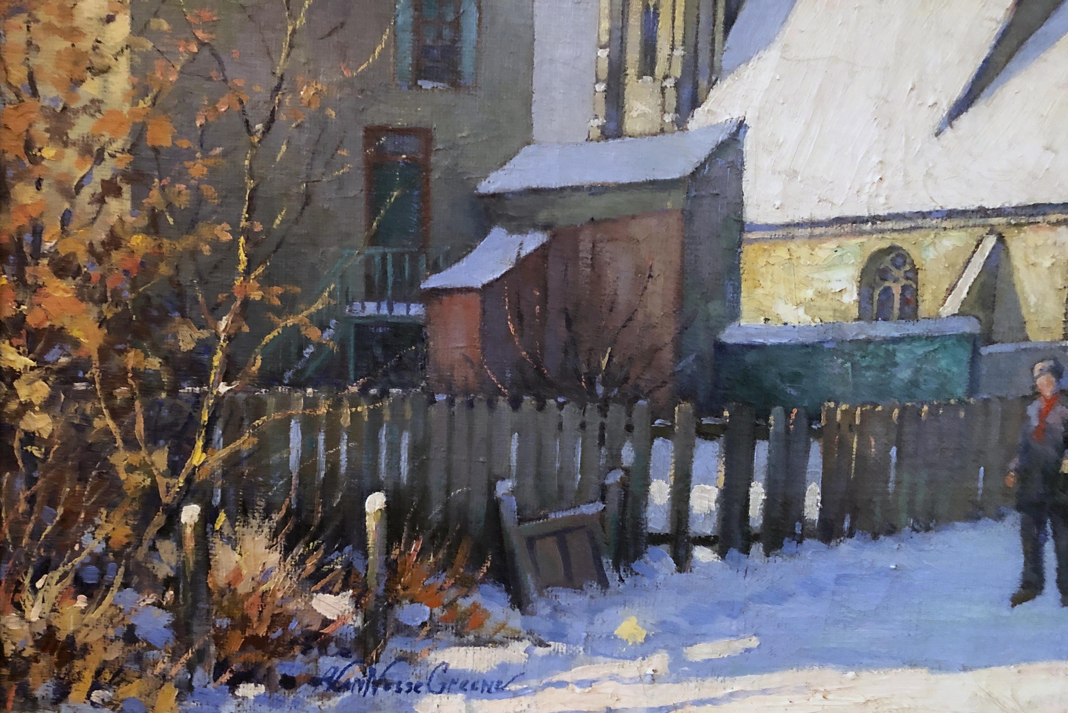 Old Swede's Church in Winter, scène de ville de Philadelphie, église impressionniste américaine - Impressionnisme américain Painting par Albert Van Nesse Greene