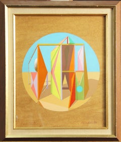 Tondo Blue, Architectural Surrealism, Geometric Form, Oil on Board, 1980, Signed