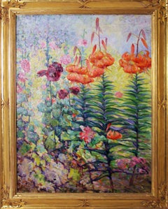 Tiger Lillies, American Impressionist Floral Landscape, Oil on Canvas, Framed