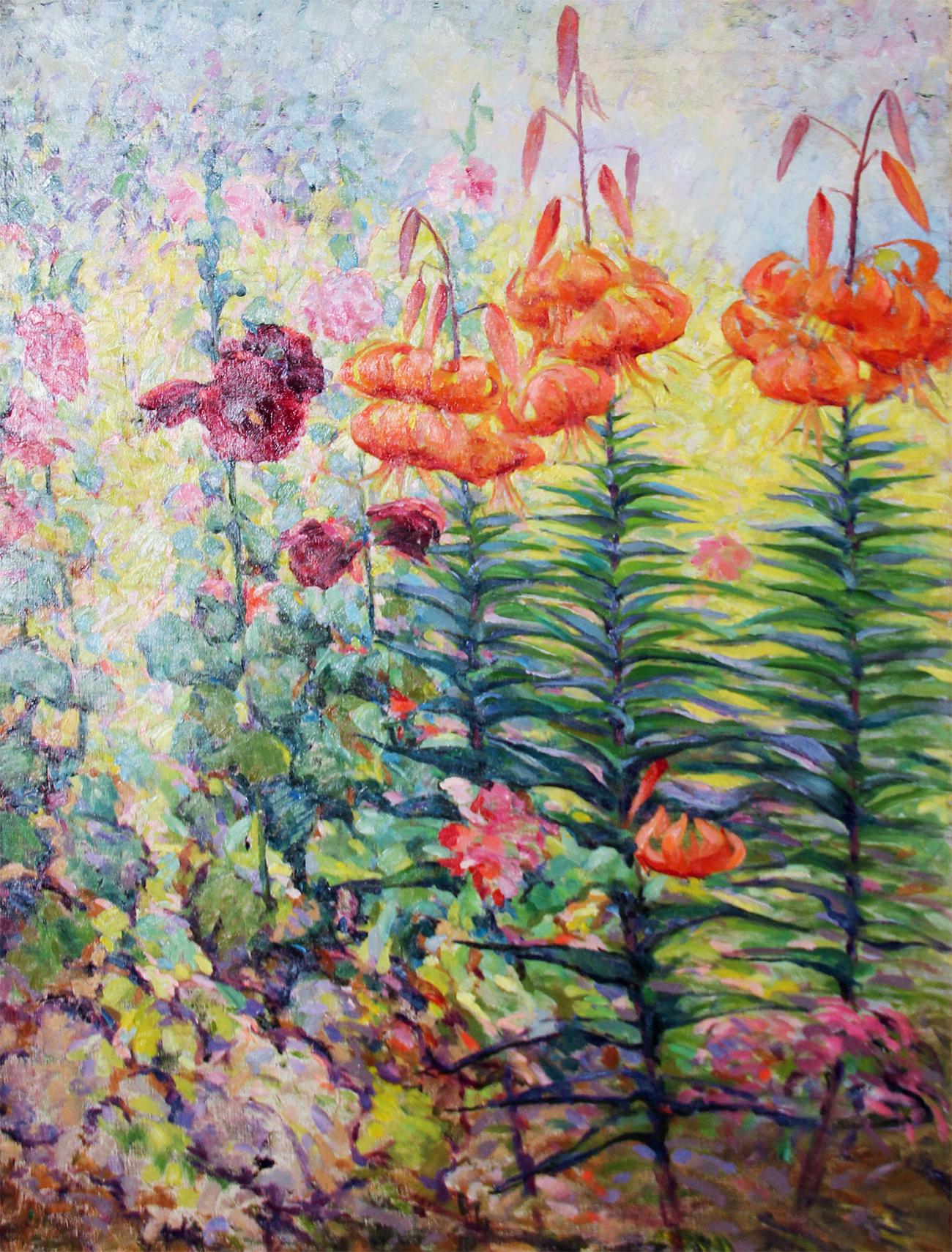 Tiger Lillies, American Impressionist Floral Landscape, Oil on Canvas, Framed - Painting by Henry Ryan MacGinnis