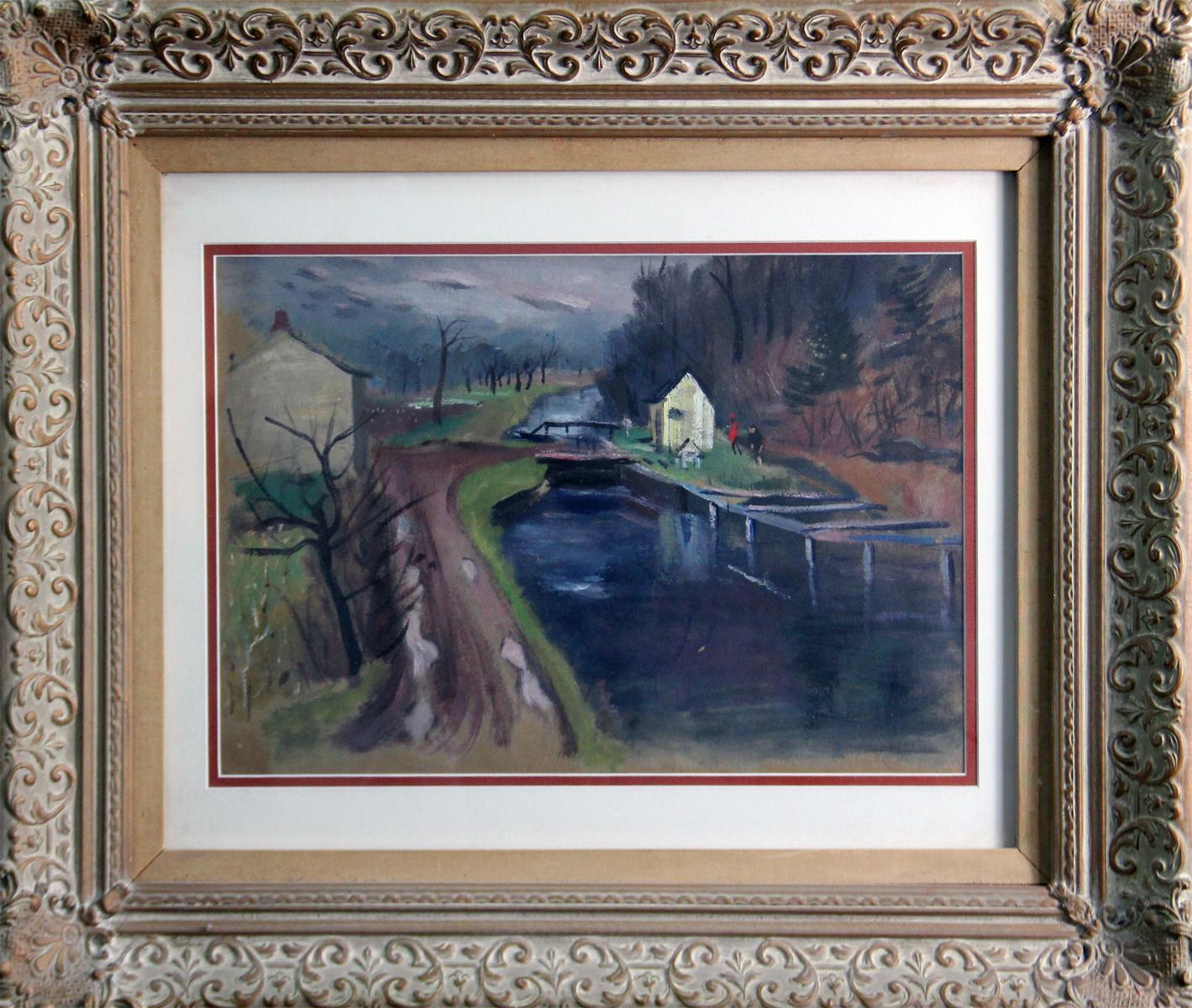 House on Canal, American Landscape with Bridge and Figures, Watercolor on Paper - Art by Louis Bosa