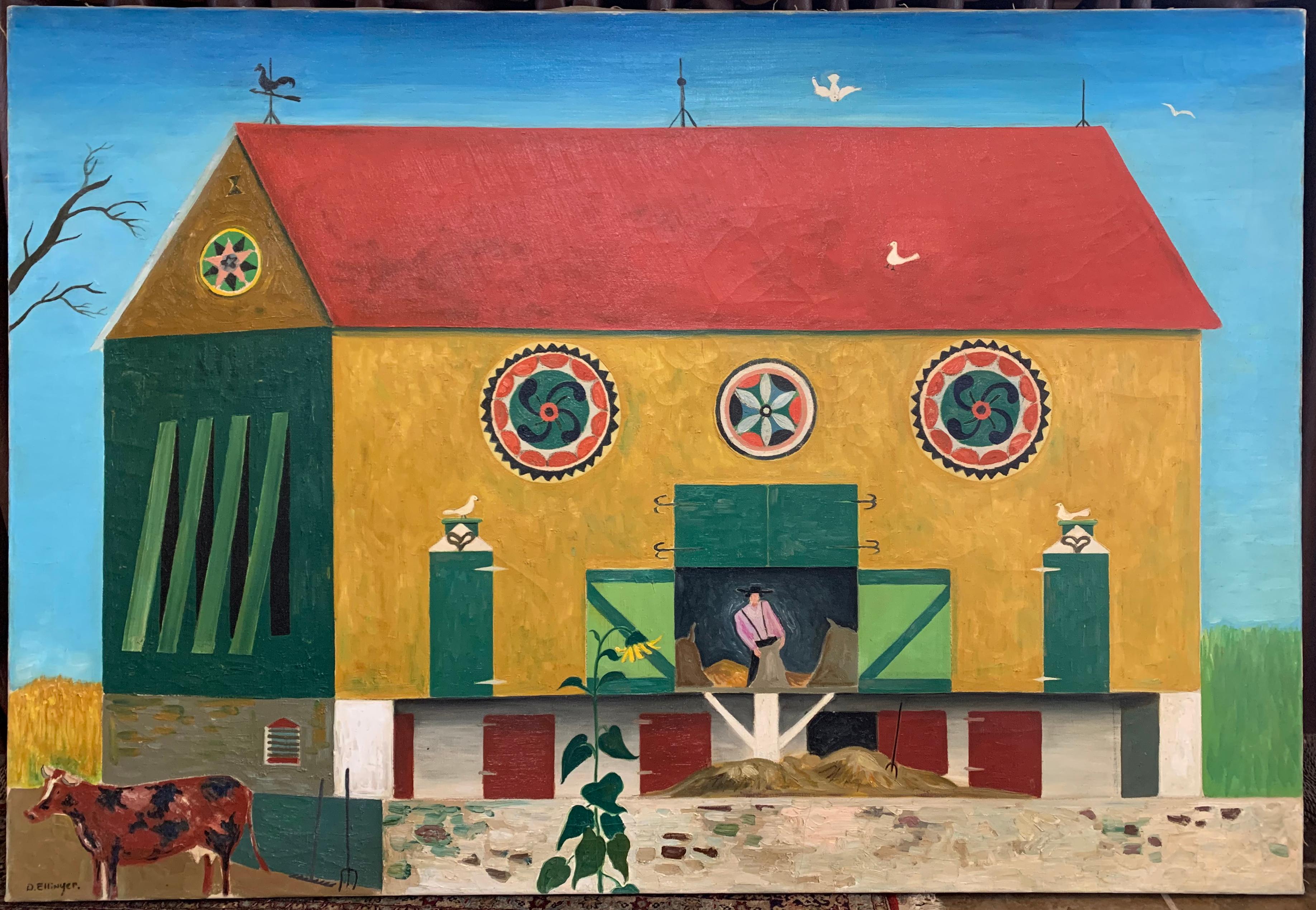 Tobacco Barn, Folk Art Landscape with Figure and Farm Animal, Pennsylvania Dutch - Painting by David Ellinger