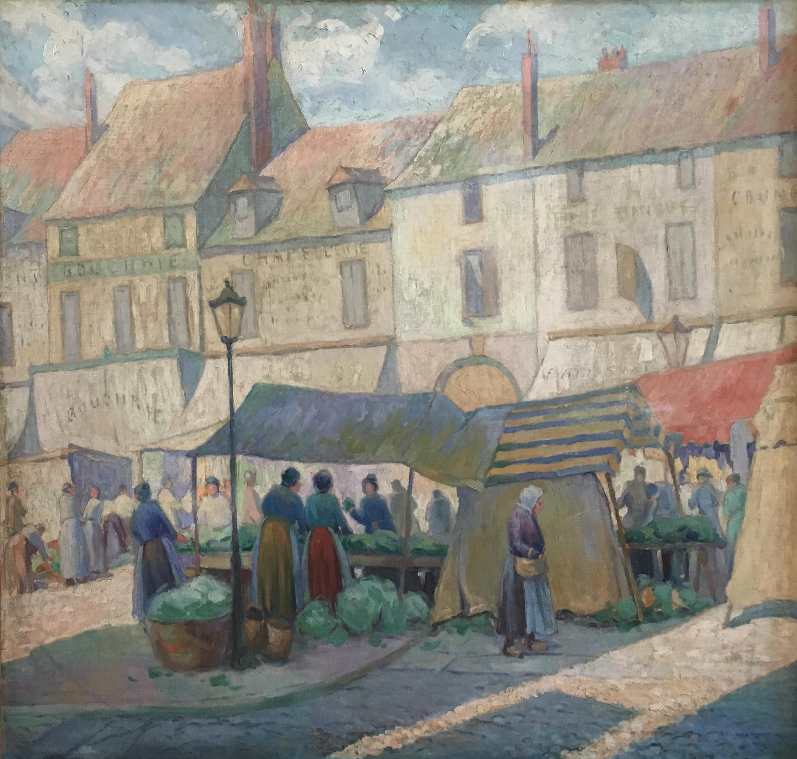 Marché à Paris, scène de ville européenne avec personnages, impressionniste américain, 1922 - Painting de Albert Van Nesse Greene
