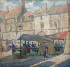 Mercado en París, Escena de ciudad europea con figuras, Impresionista americano, 1922