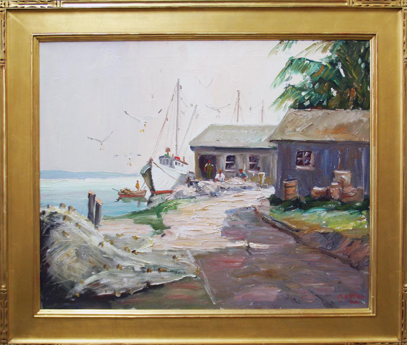 Melville Stark Figurative Painting - Bells Fish House, Long Boat Key, FL, Impressionist Marine Scene with Figures