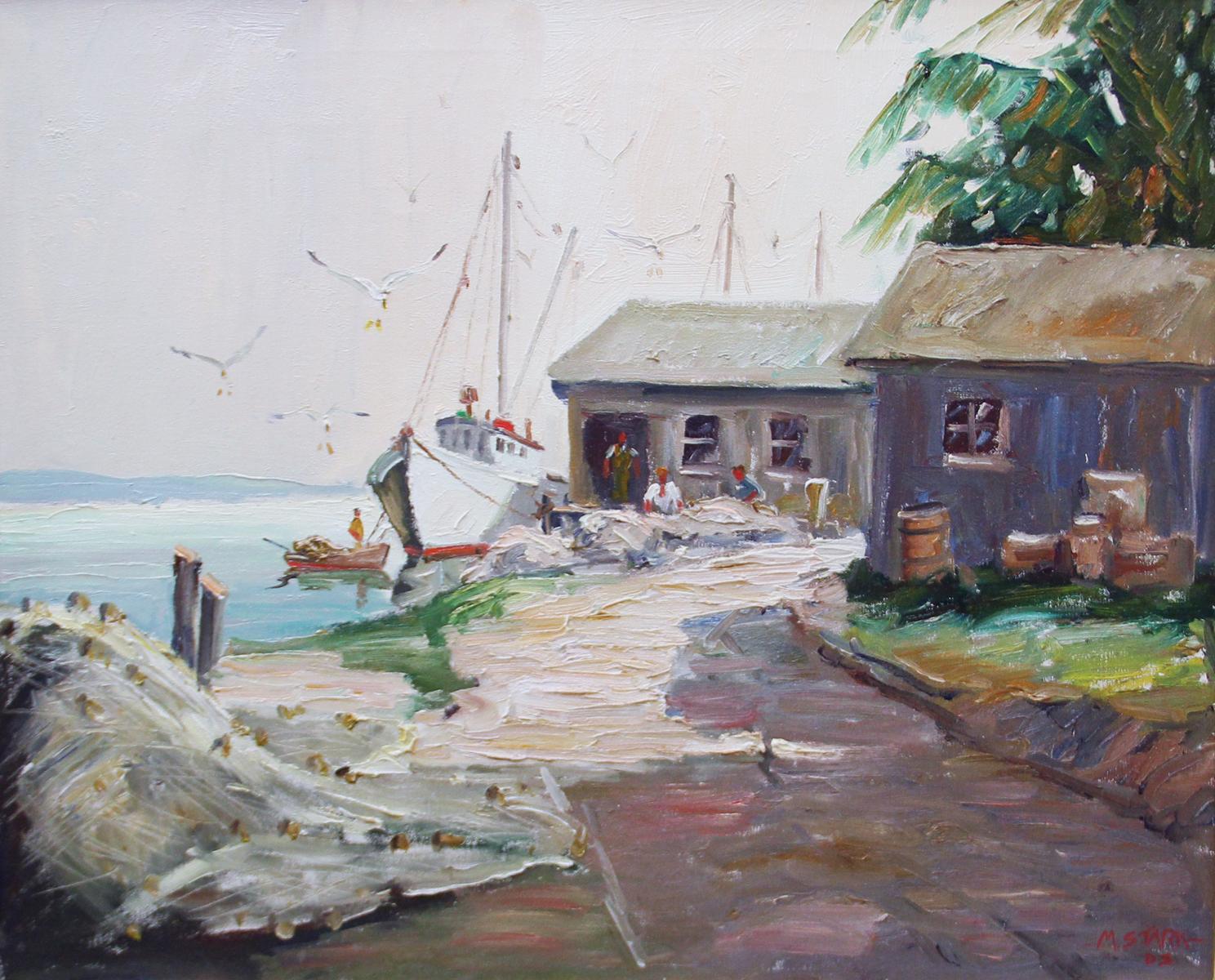 Bells Fish House, Long Boat Key, FL, Impressionist Marine Scene with Figures - Painting by Melville Stark