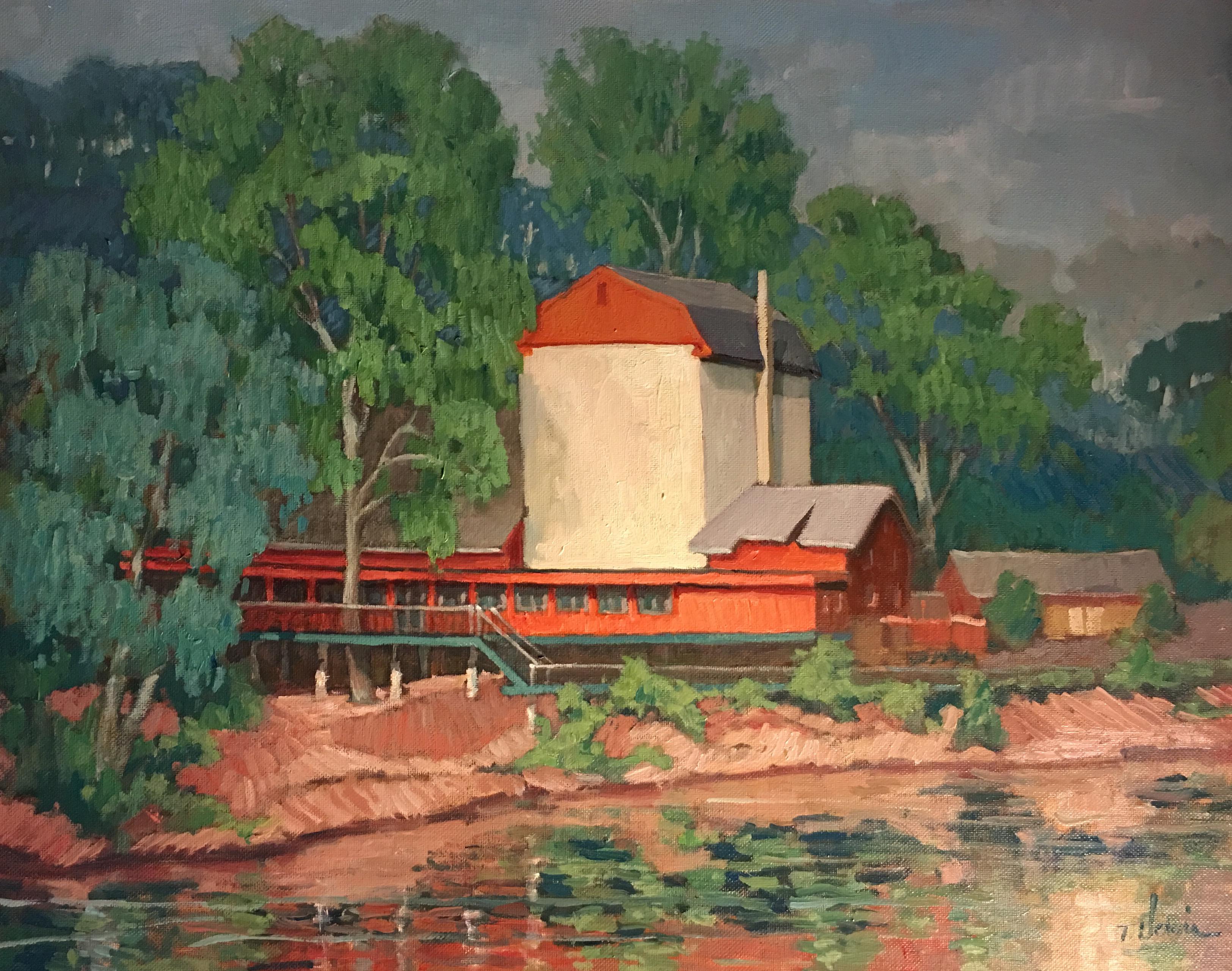 Trisha Vergis  Landscape Painting - Bucks County Playhouse, American Impressionist Landscape, New Hope, PA, 2019