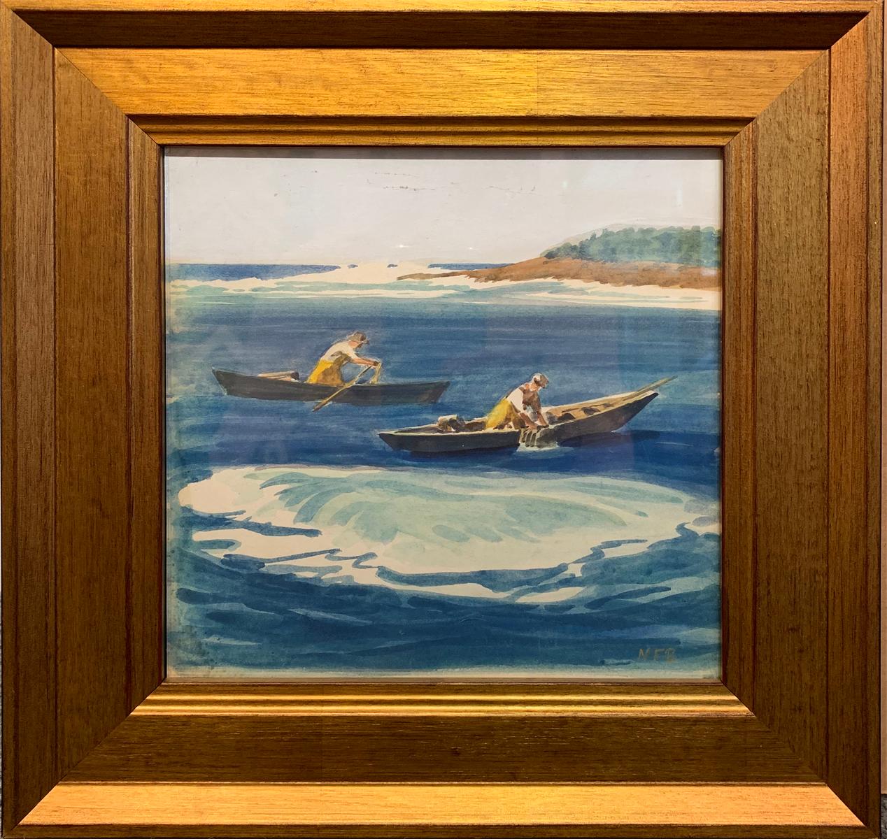 Noble F. Beacham Figurative Art - Lobstermen, Seascape with two Fishermen, Watercolor on Board, Signed and Framed