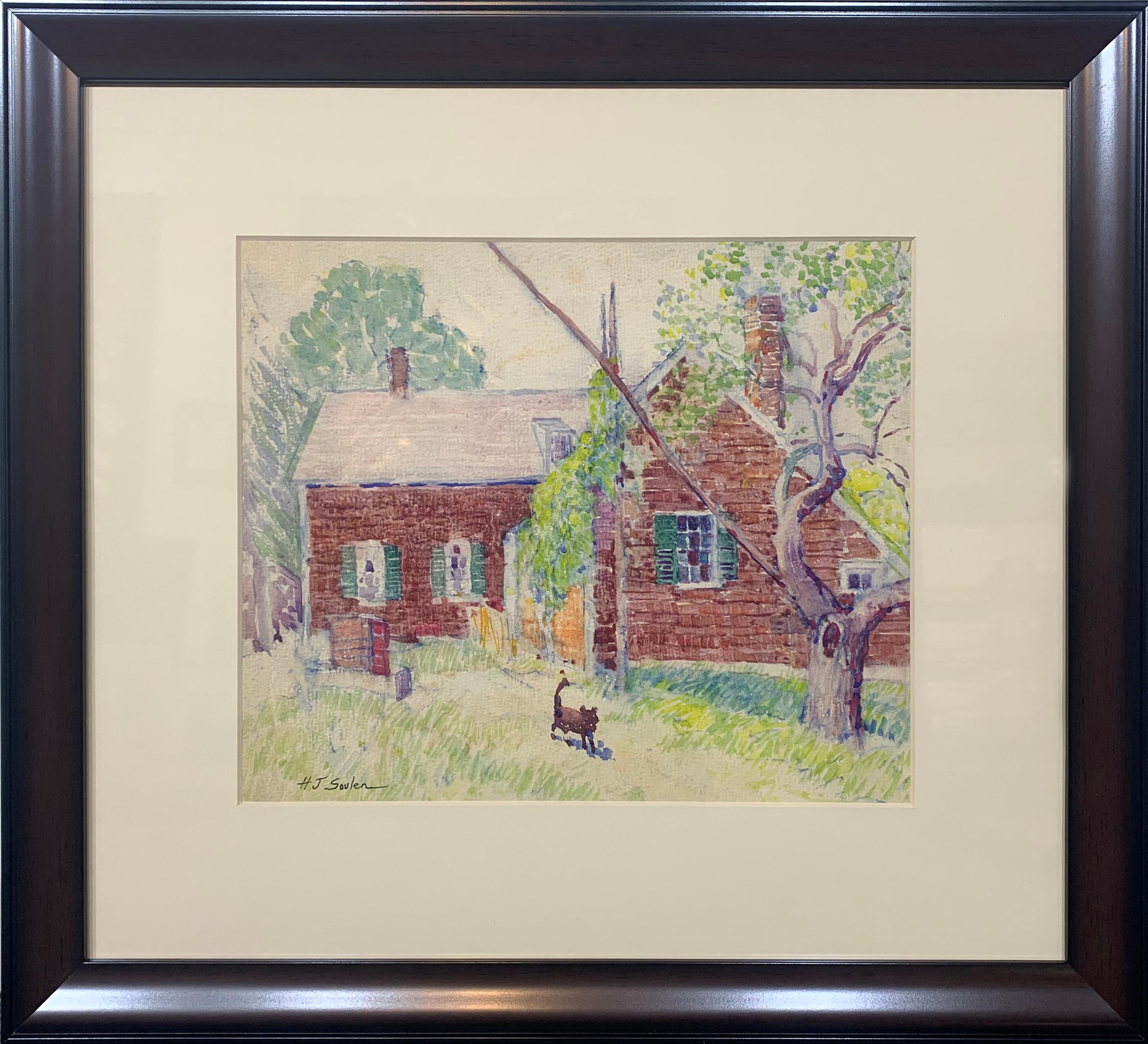 Landhaus im Landhausstil mit Hund, Aquarell auf Papier, Landschaft, Originalkunst