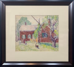 Retro Country Farmhouse with Dog, Watercolor on Paper, Landscape, Original Art