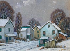 Maisons d'hiver, paysage de neige impressionniste américain, signé et encadré