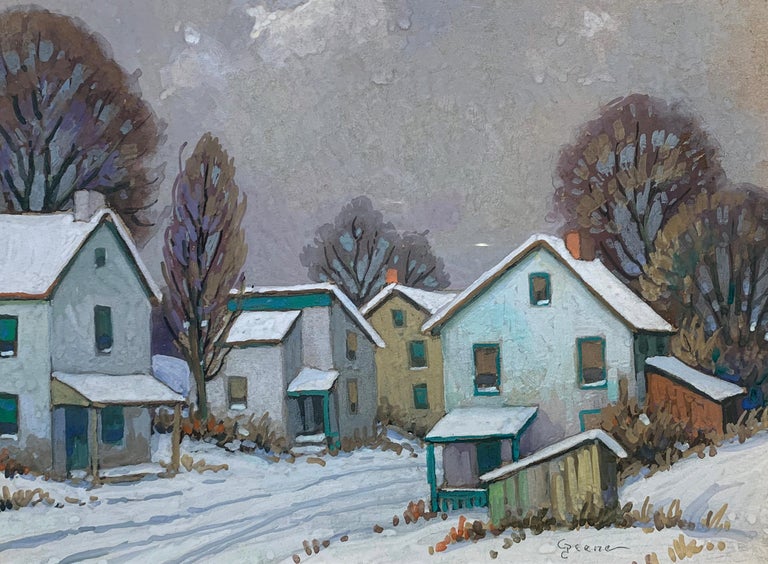 Albert Van Nesse Greene Landscape Art - Winter Houses, American Impressionist Snowy Landscape, Signed and Framed