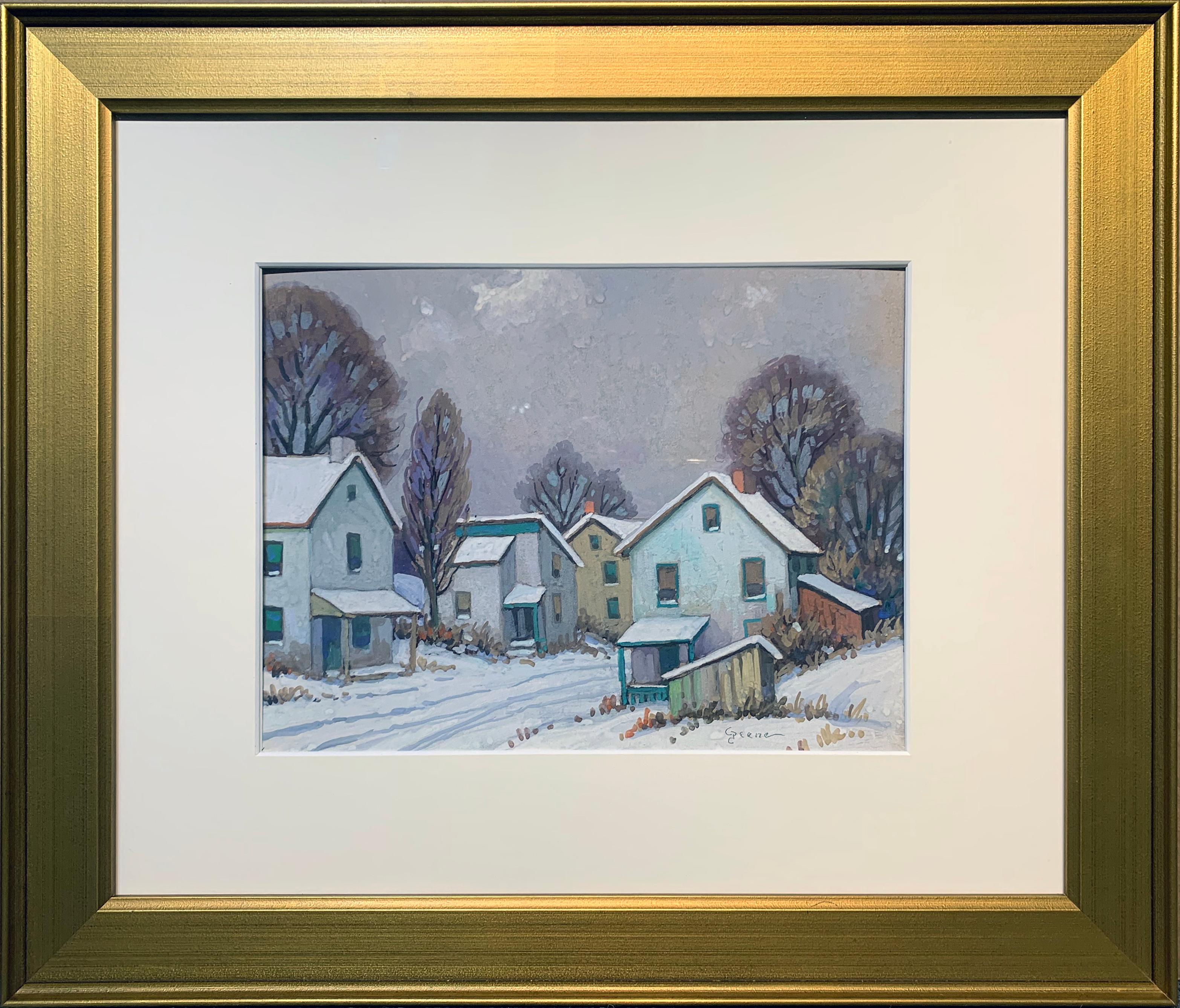 Winter Houses, American Impressionist Snowy Landscape, Signed and Framed - Art by Albert Van Nesse Greene