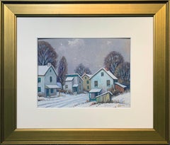 Maisons d'hiver, paysage de neige impressionniste américain, signé et encadré