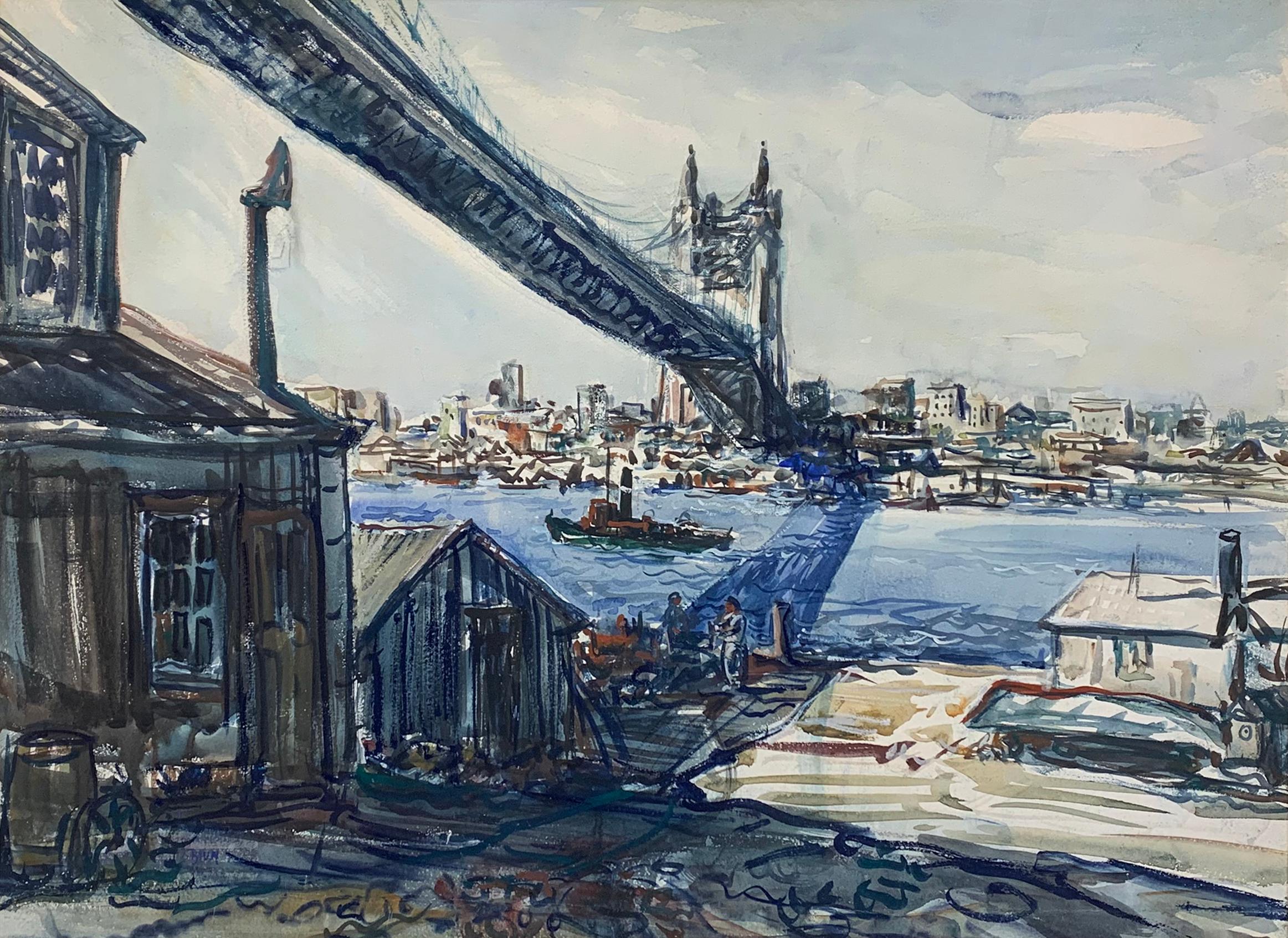Impressionistische Aquarell-Stadtlandschaft in der 59th Street Bridge, Pennsylvania – Art von Walter Emerson Baum