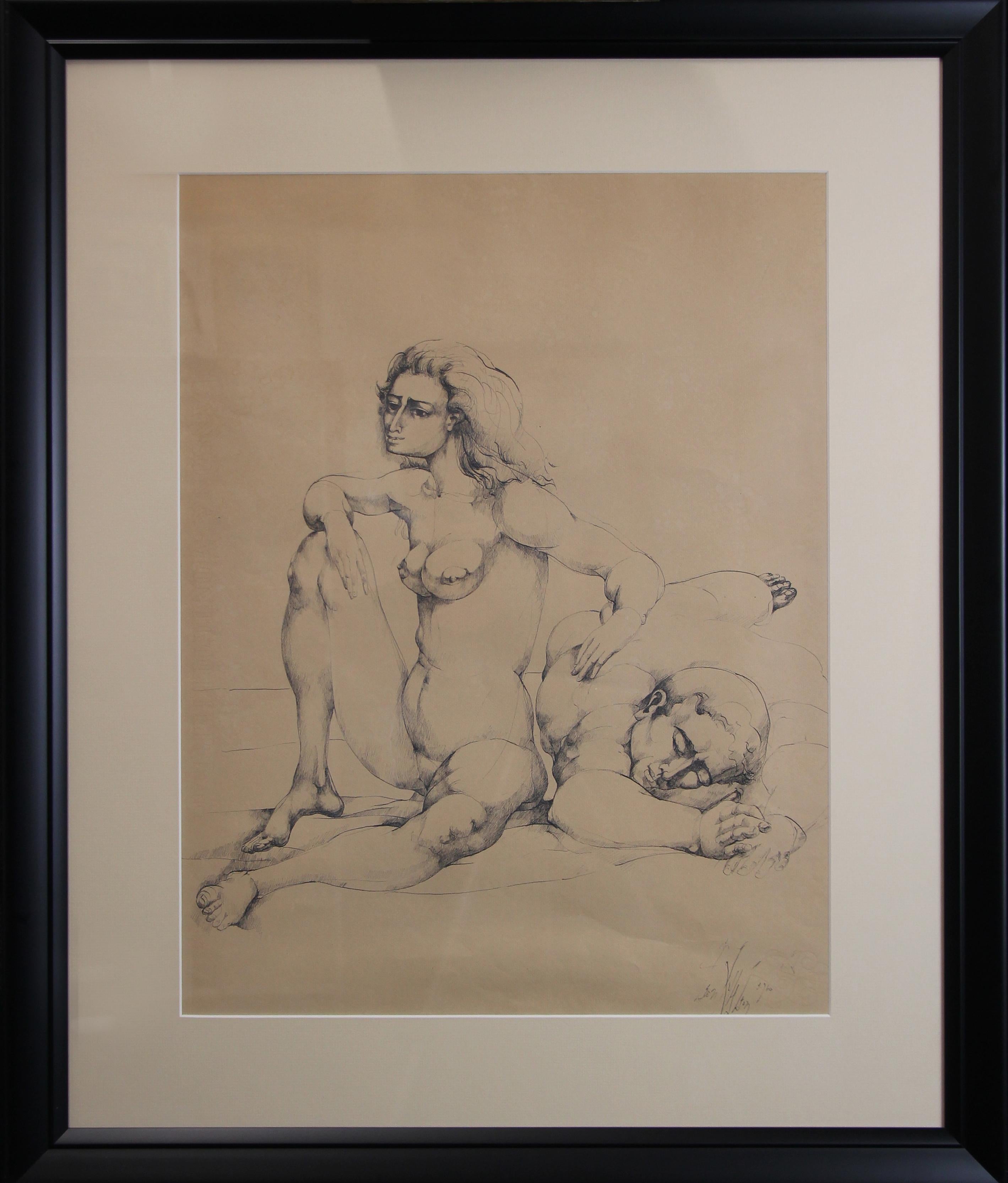 Nudo femminile senza titolo con uomo, disegno originale del pittore surrealista