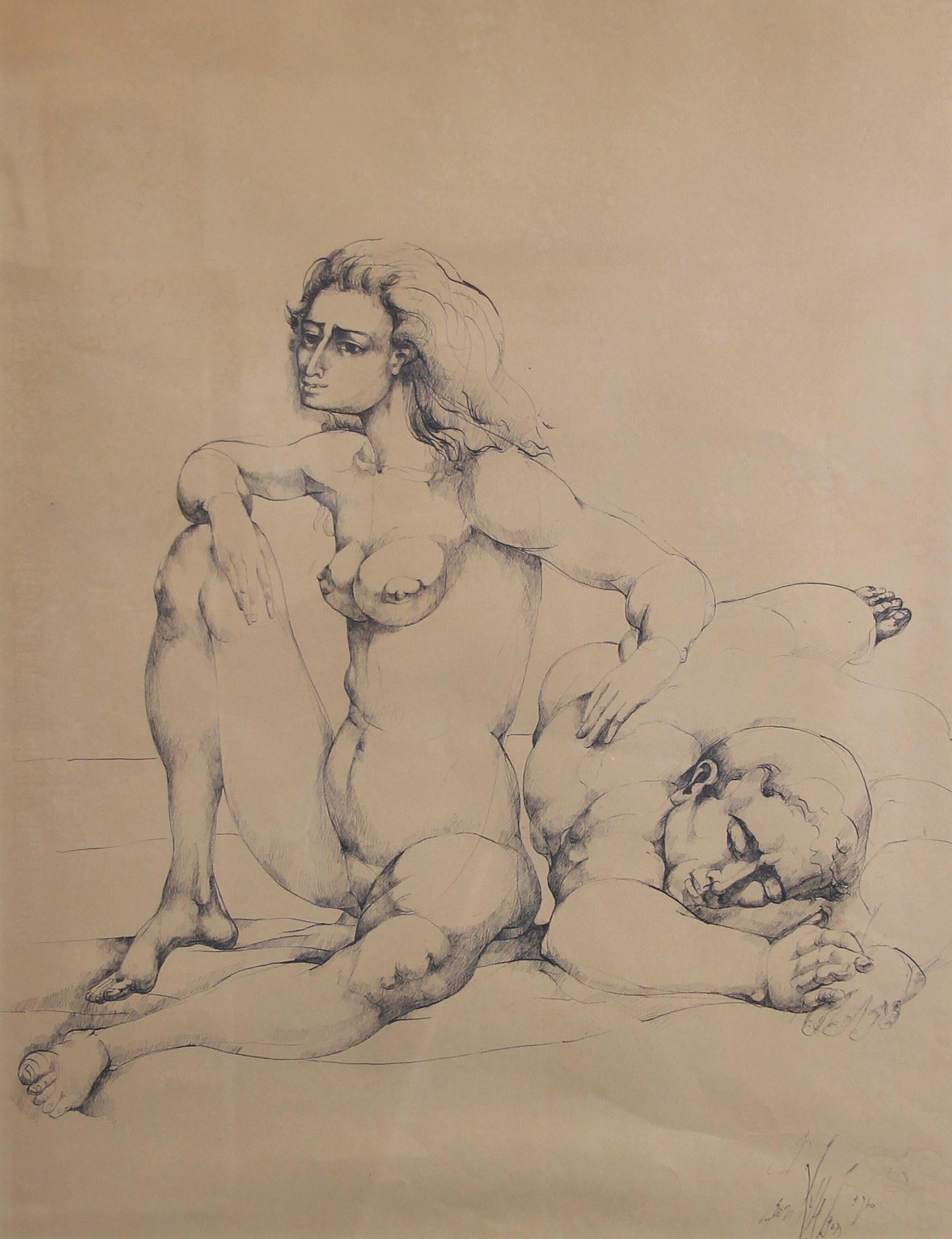 Untitled Female Nude with Male, Original Drawing by Surrealist Painter - Art by Leon Kelly