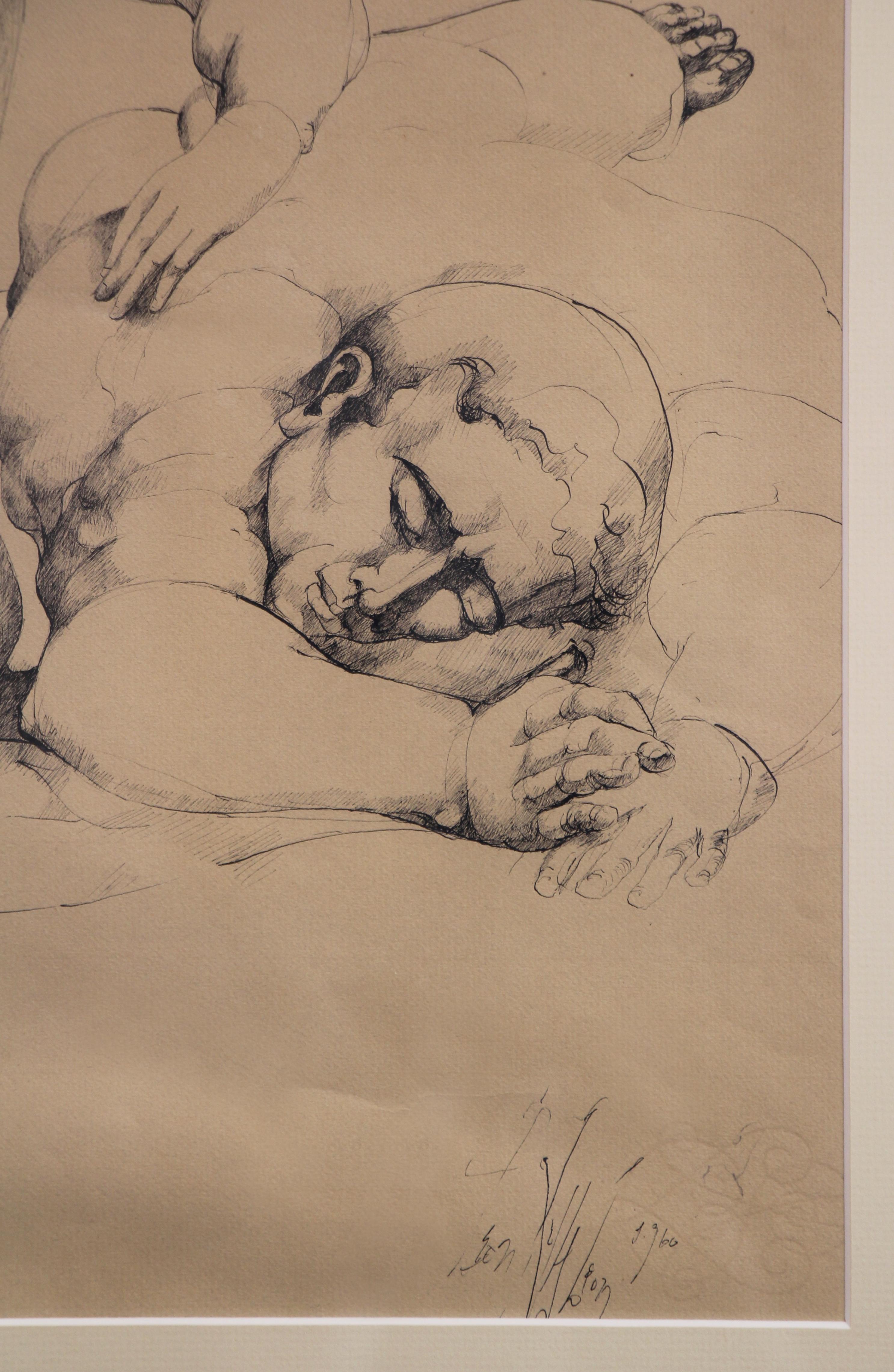 Untitled Female Nude with Male, dessin original du peintre surréaliste - Surréalisme Art par Leon Kelly