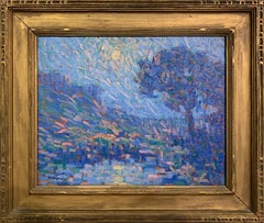 Blue Landscape, American Impressionist, Oil on Board, Signed and Framed