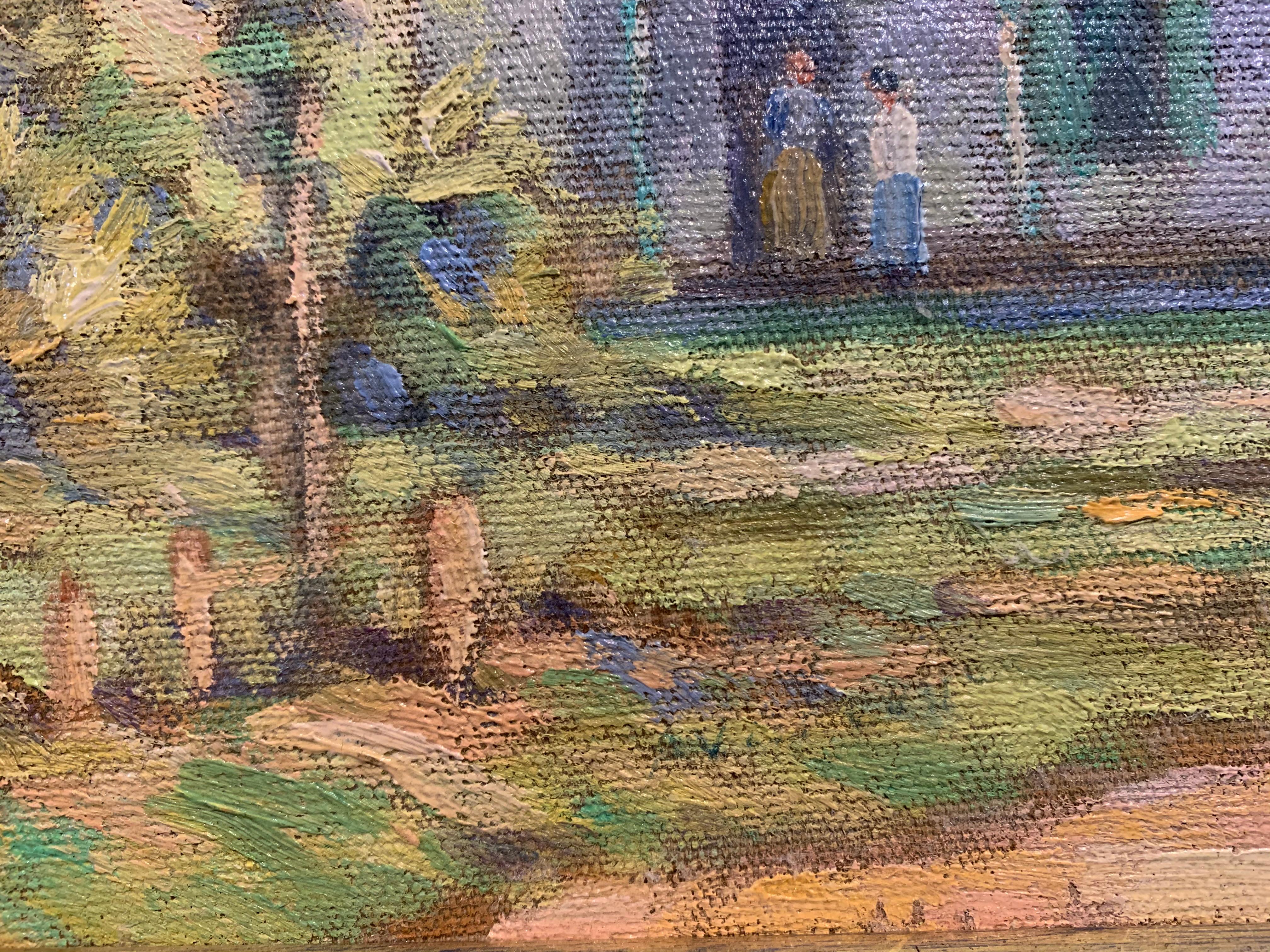 The Conversation, amerikanische impressionistische Landschaft mit Figuren,  Öl auf Leinwand (Braun), Landscape Painting, von Albert Van Nesse Greene