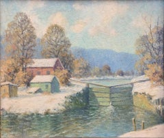 The Canal Lock, American Impressionist Winter Landscape,  Oil on Board