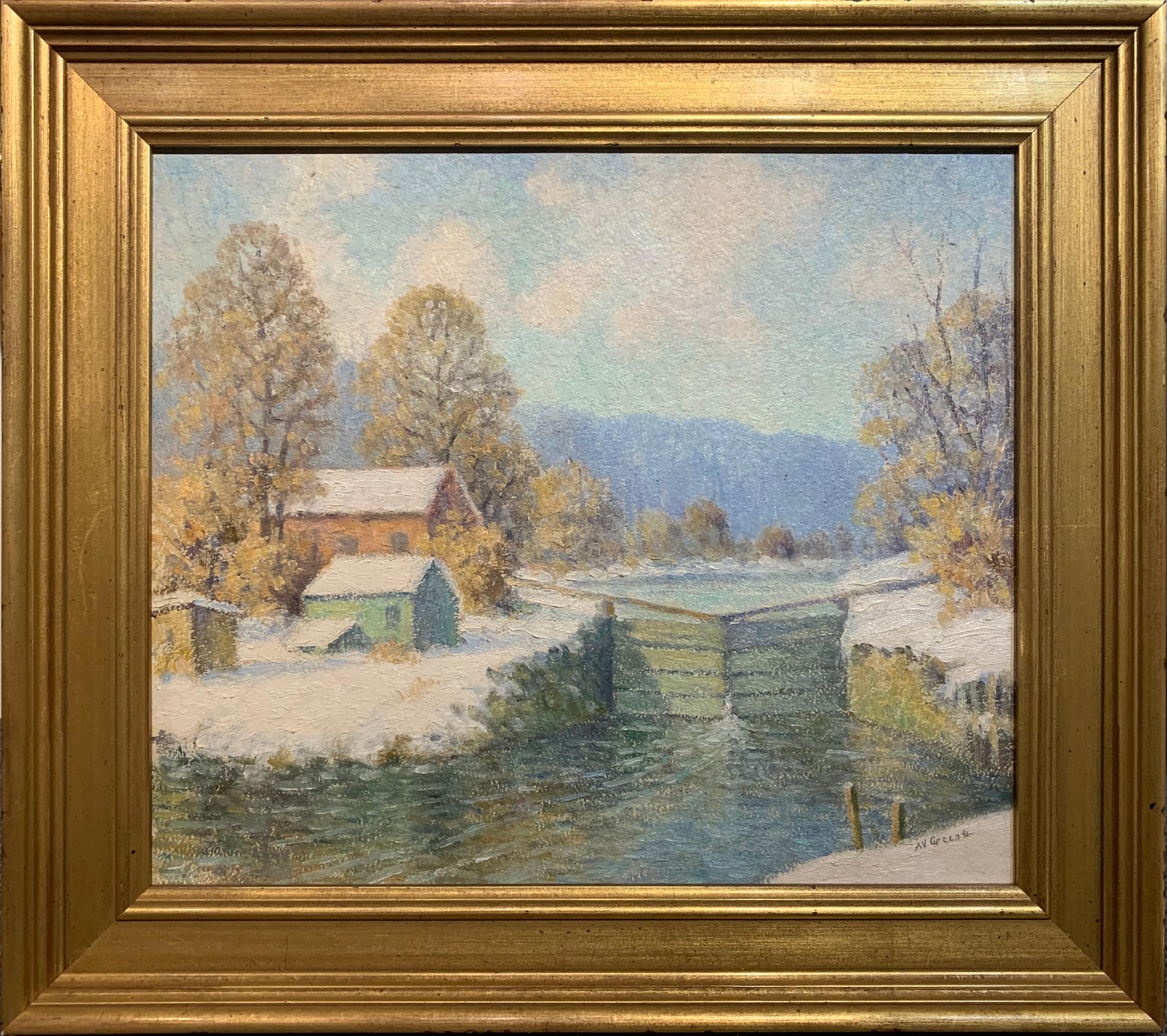 Albert Van Nesse Greene Landscape Painting - The Canal Lock, American Impressionist Winter Landscape,  Oil on Board
