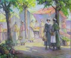 Afternoon at the Market , American Impressionist Town Scene, Pastel on Paper