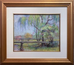 The Bridge, American Impressionist Springtime Landscape, Pastel on Paper