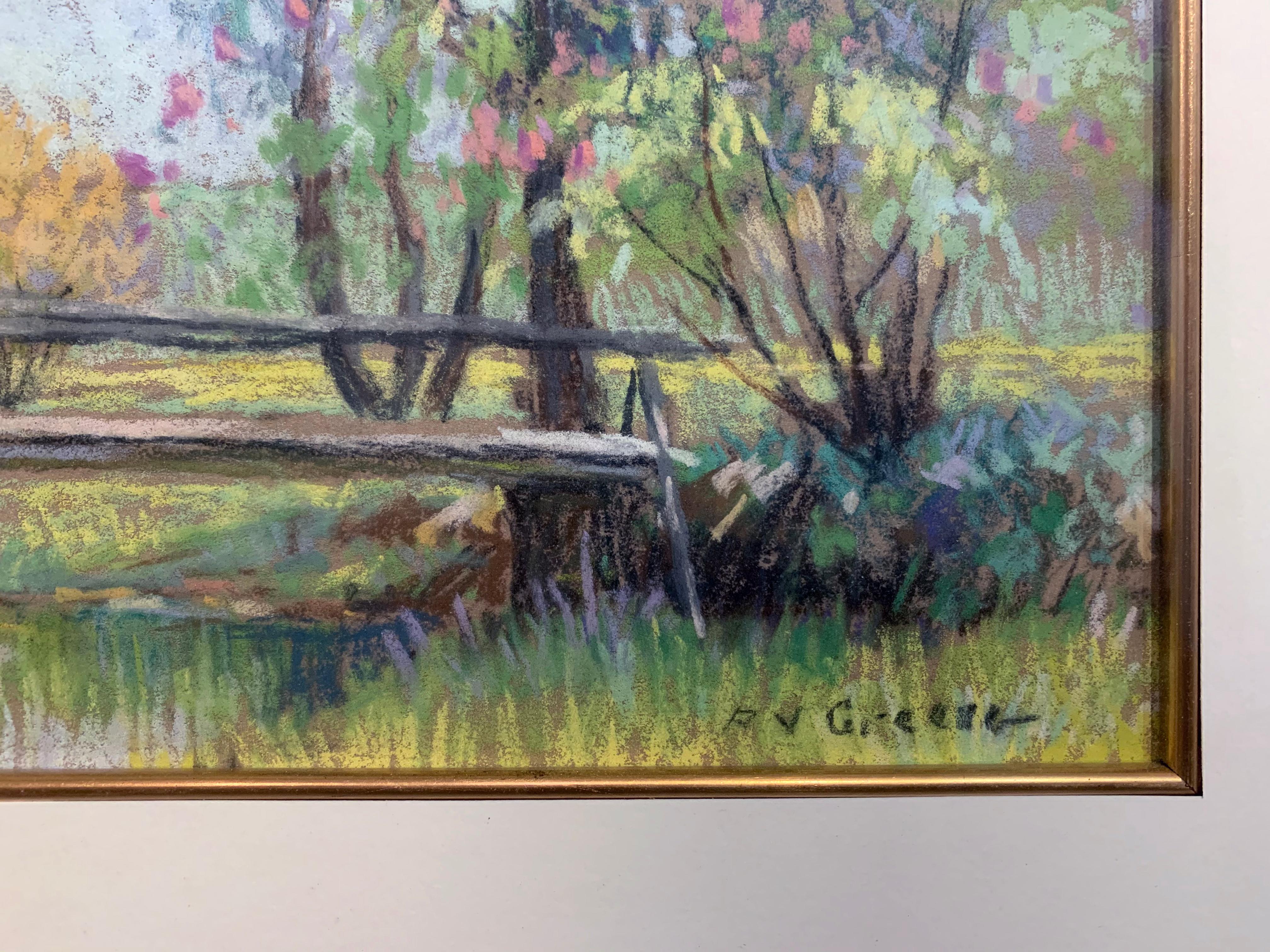 The Bridge, American Impressionist Springtime Landscape, Pastel on Paper - Painting by Albert Van Nesse Greene