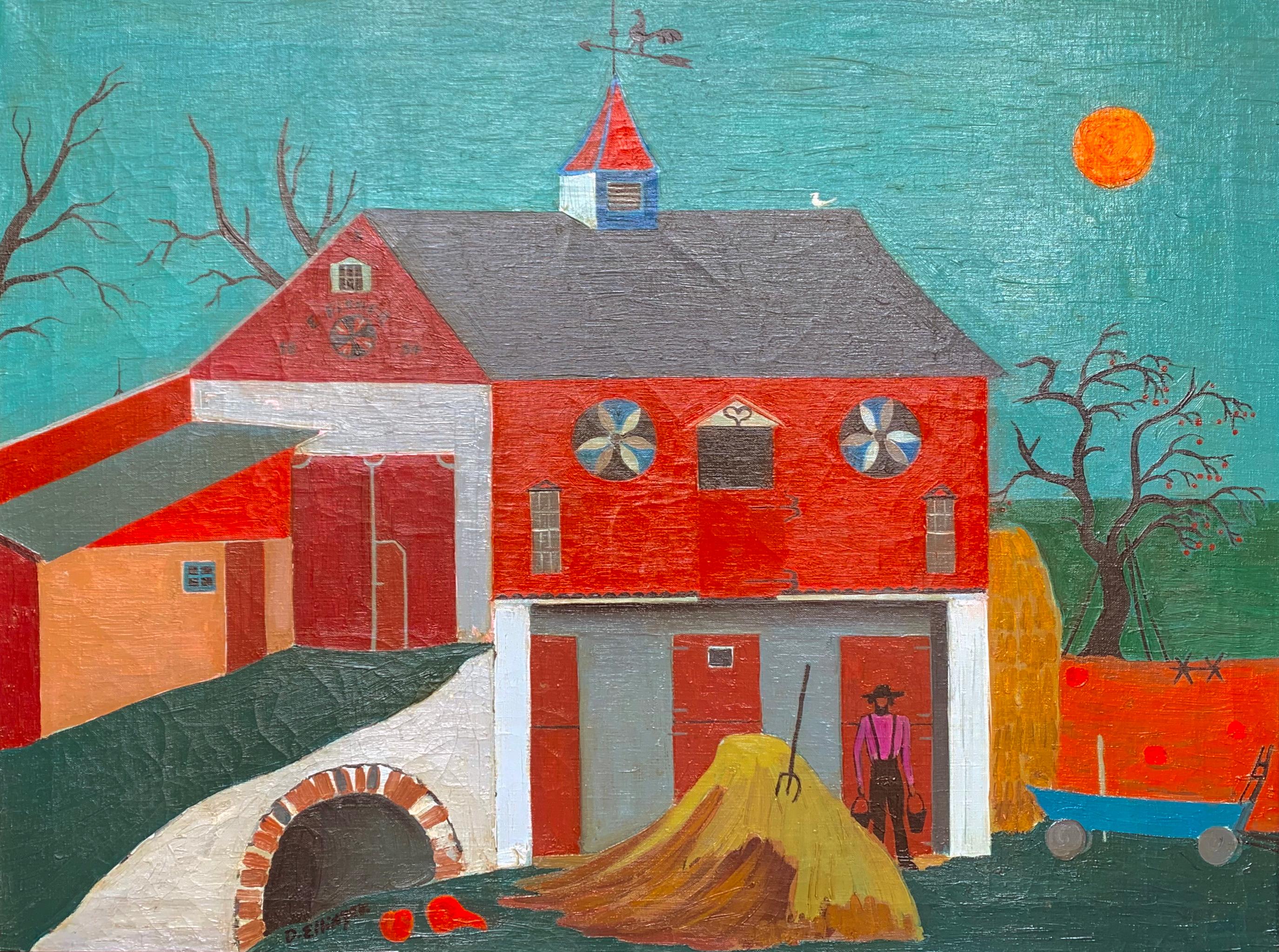 Barn Hill, Folk Art Landscape with Figure, Pennsylvania Dutch, Traditional Farm - Painting by David Ellinger
