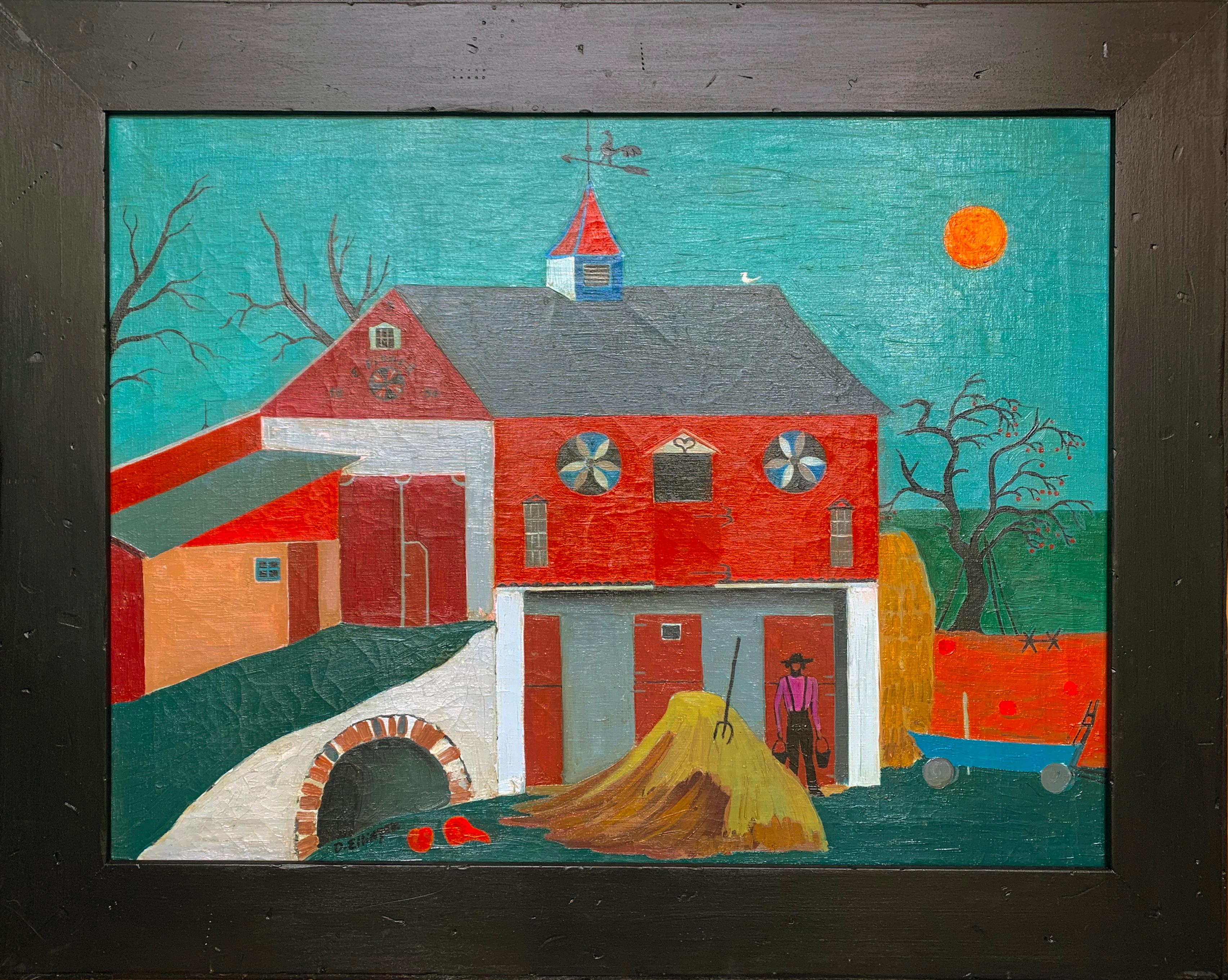 David Ellinger Landscape Painting - Barn Hill, Folk Art Landscape with Figure, Pennsylvania Dutch, Traditional Farm