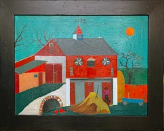 Barn Hill, Folk Art Landscape with Figure, Pennsylvania Dutch, Traditional Farm