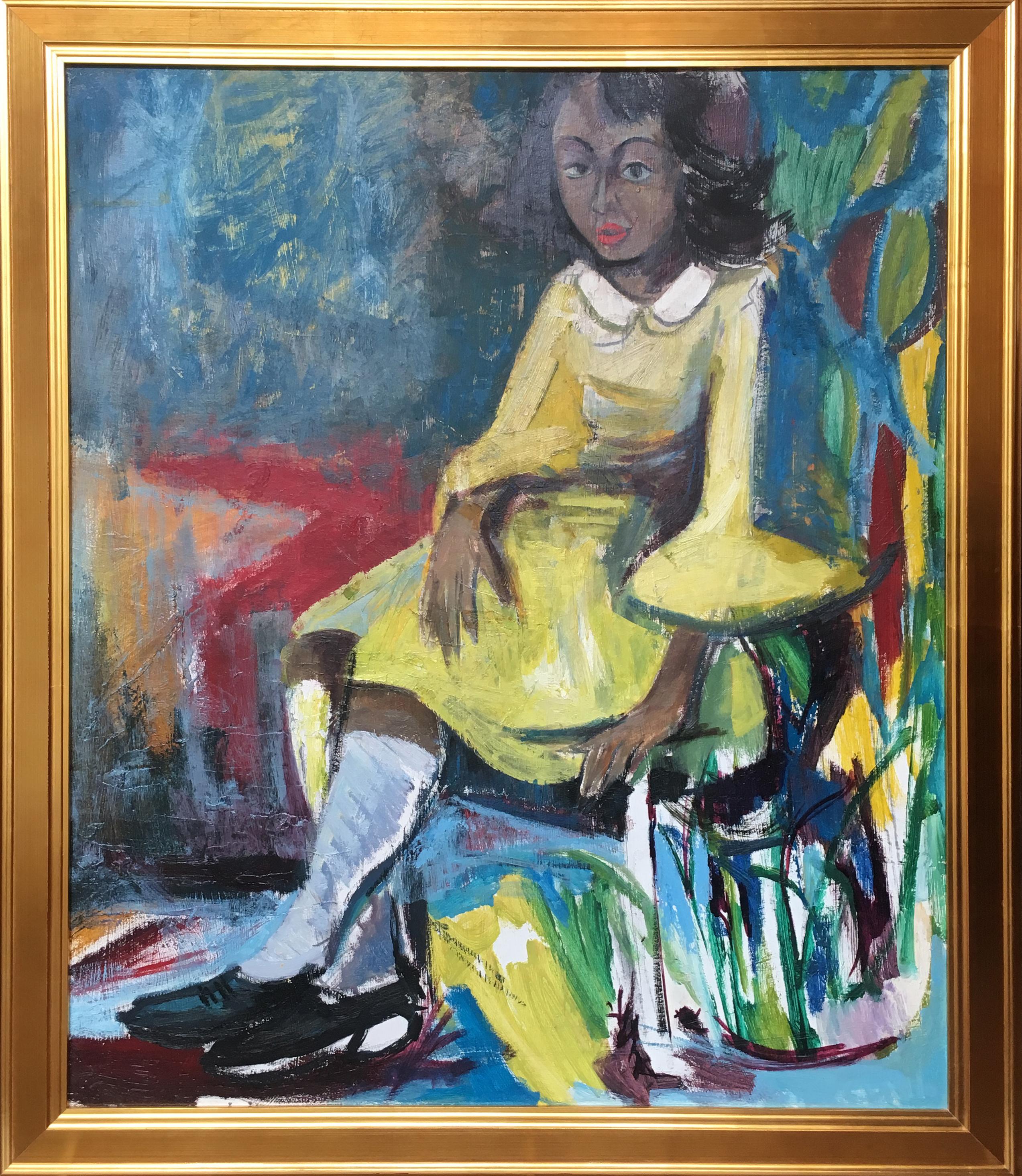Girl in a Yellow Dress, Portrait in Color, Oil on Board, African American Art - Painting by Bernard Harmon