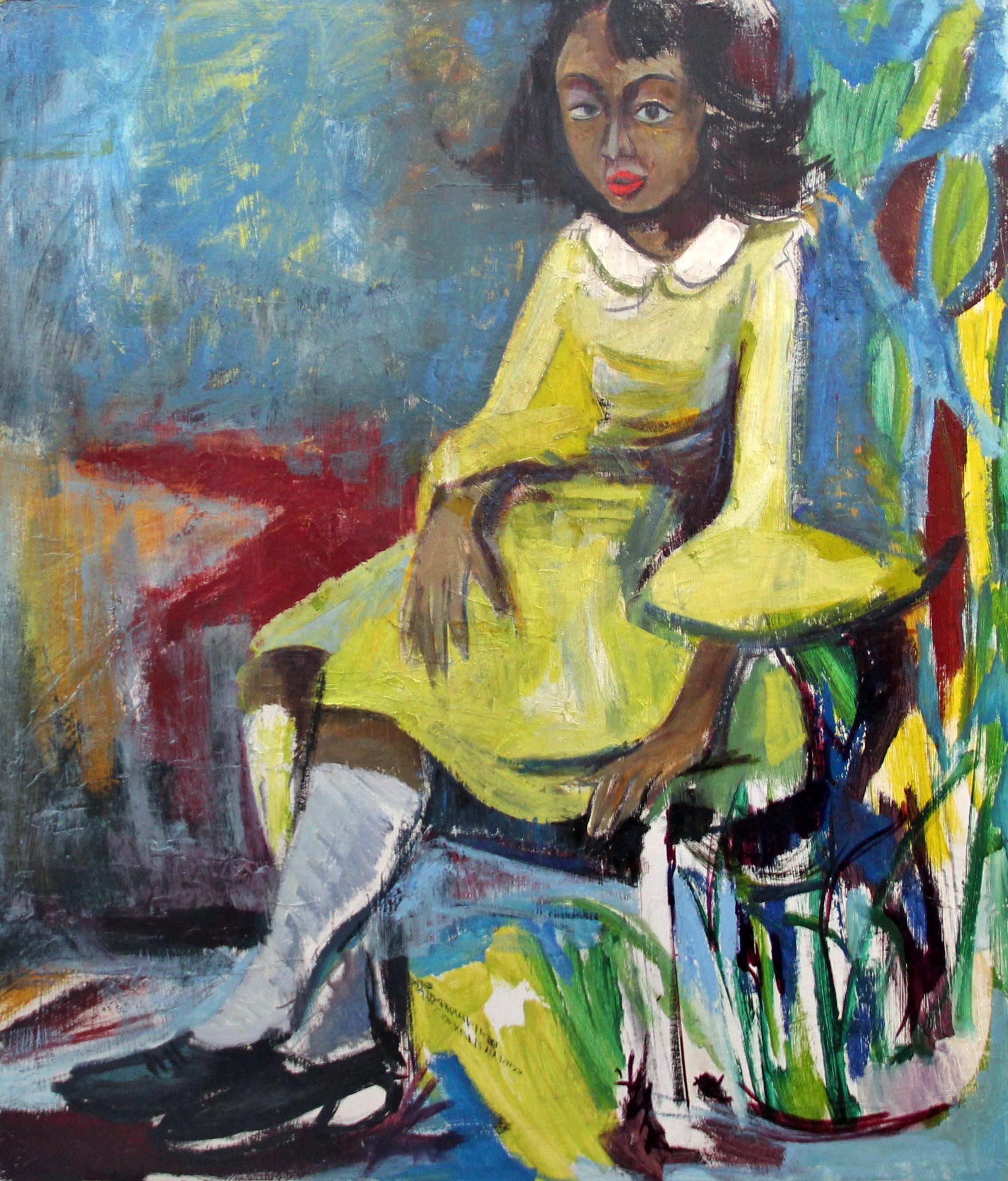 Bernard Harmon Portrait Painting - Girl in a Yellow Dress, Portrait in Color, Oil on Board, African American Art