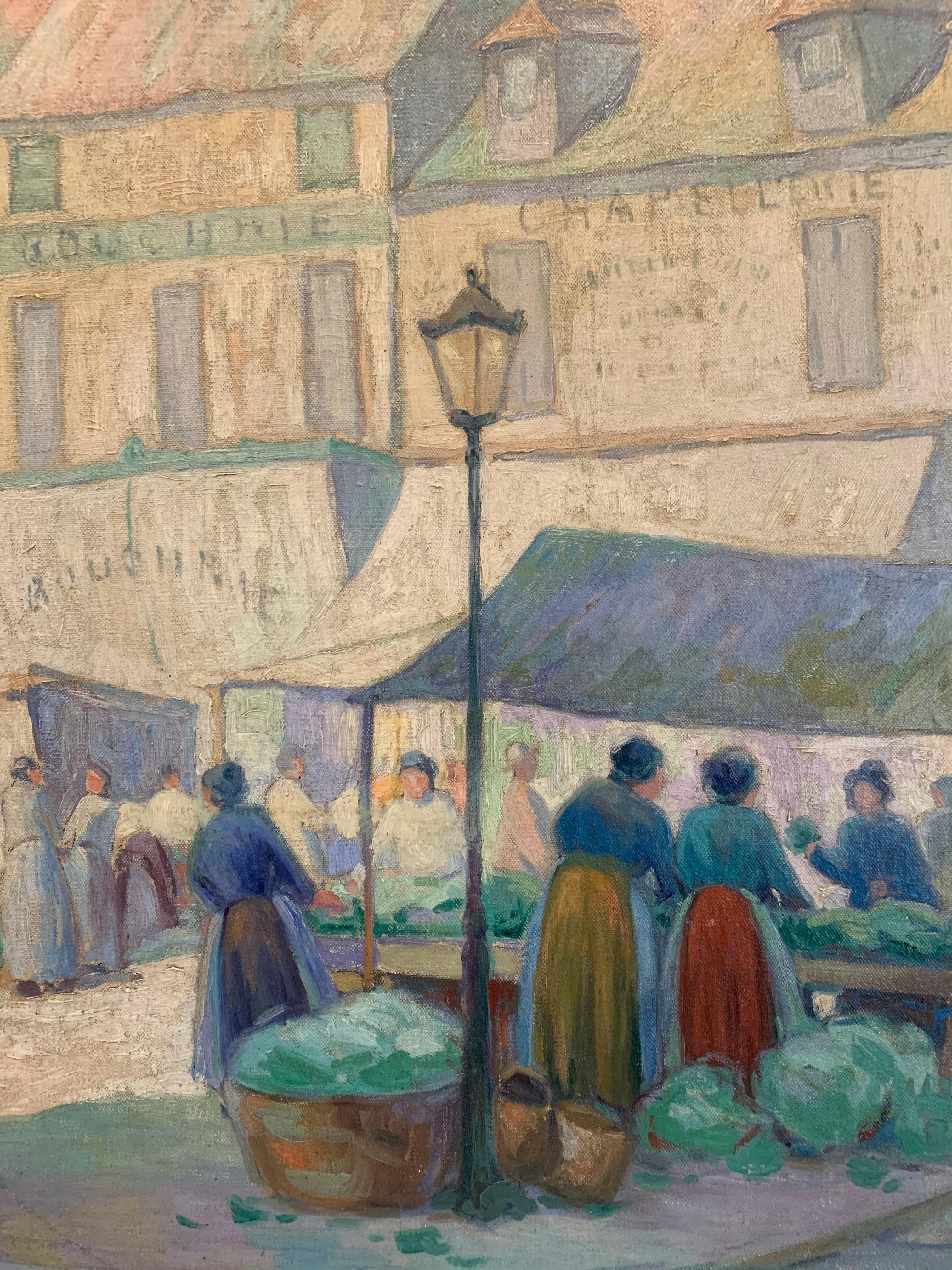 Marché à Paris, scène de ville européenne avec personnages, impressionniste américain, 1922 - Marron Landscape Painting par Albert Van Nesse Greene