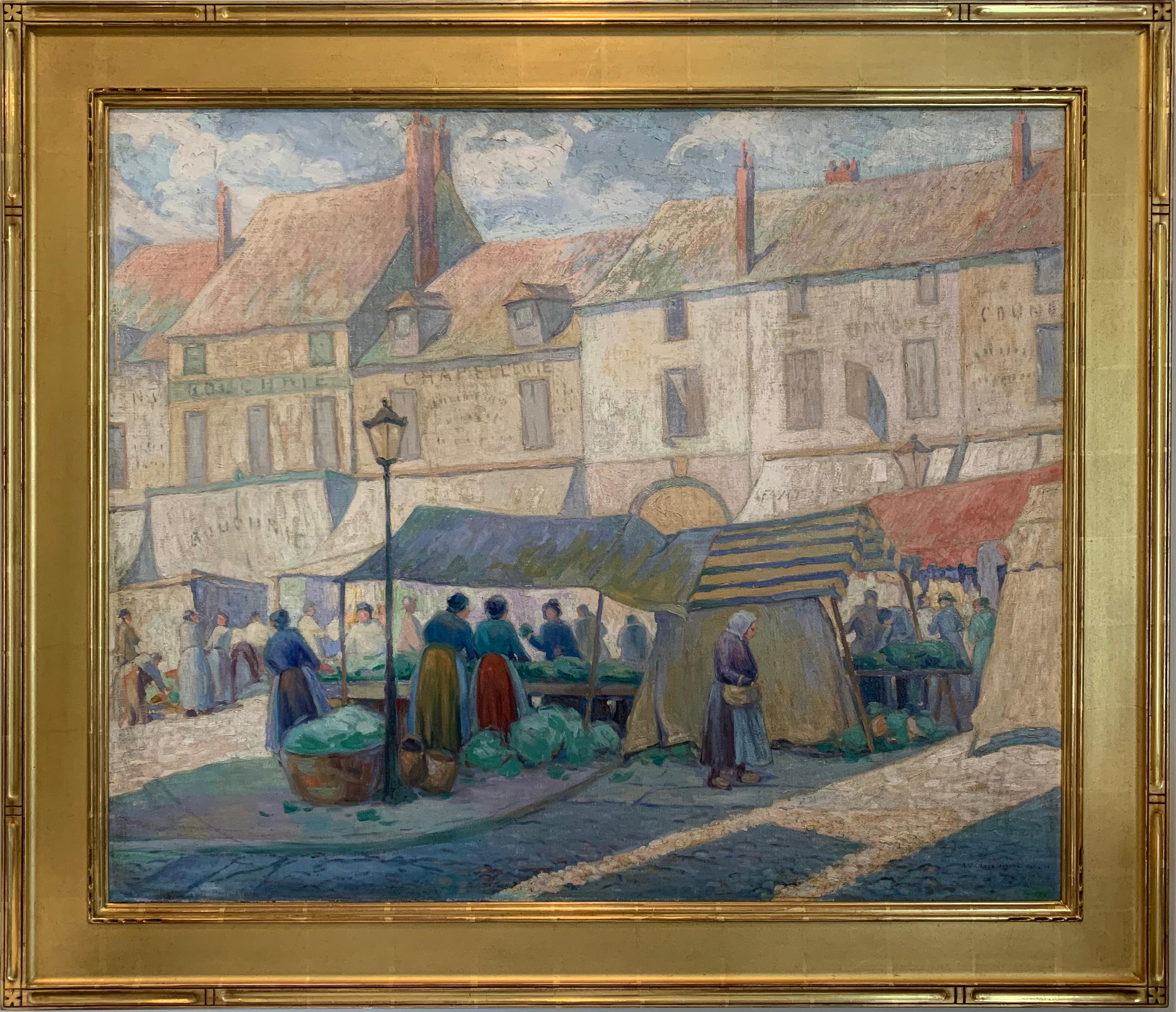 Market in Paris, European Town Scene with Figures, American Impressionist, 1922