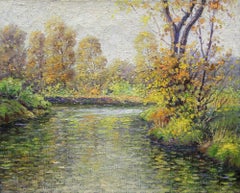Reflections, American Impressionist Landscape by Stream, Oil on Canvas