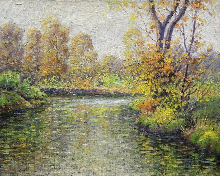 Reflections, American Impressionist Landscape by Stream, Oil on Canvas - Painting by Albert Van Nesse Greene