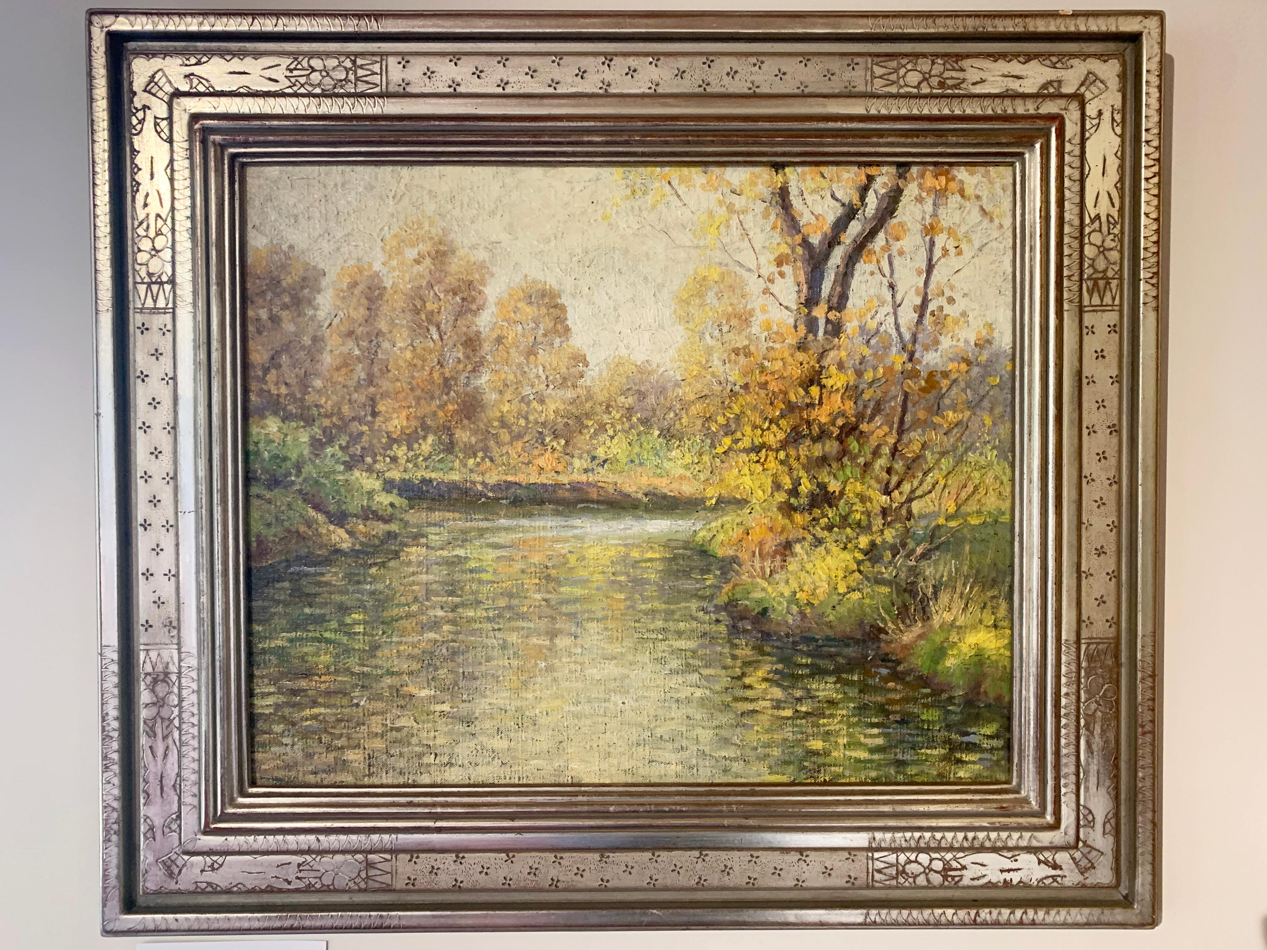 Reflections, American Impressionist Landscape by Stream, Oil on Canvas