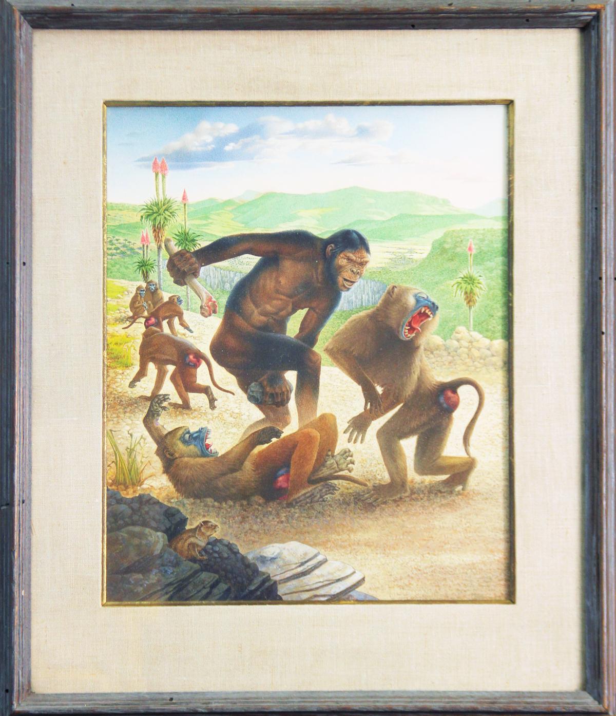 Early Man, 1950's, Mixed Media, Landscape Painted for Wonders of Life on Earth - Mixed Media Art by Rudolf Freund 