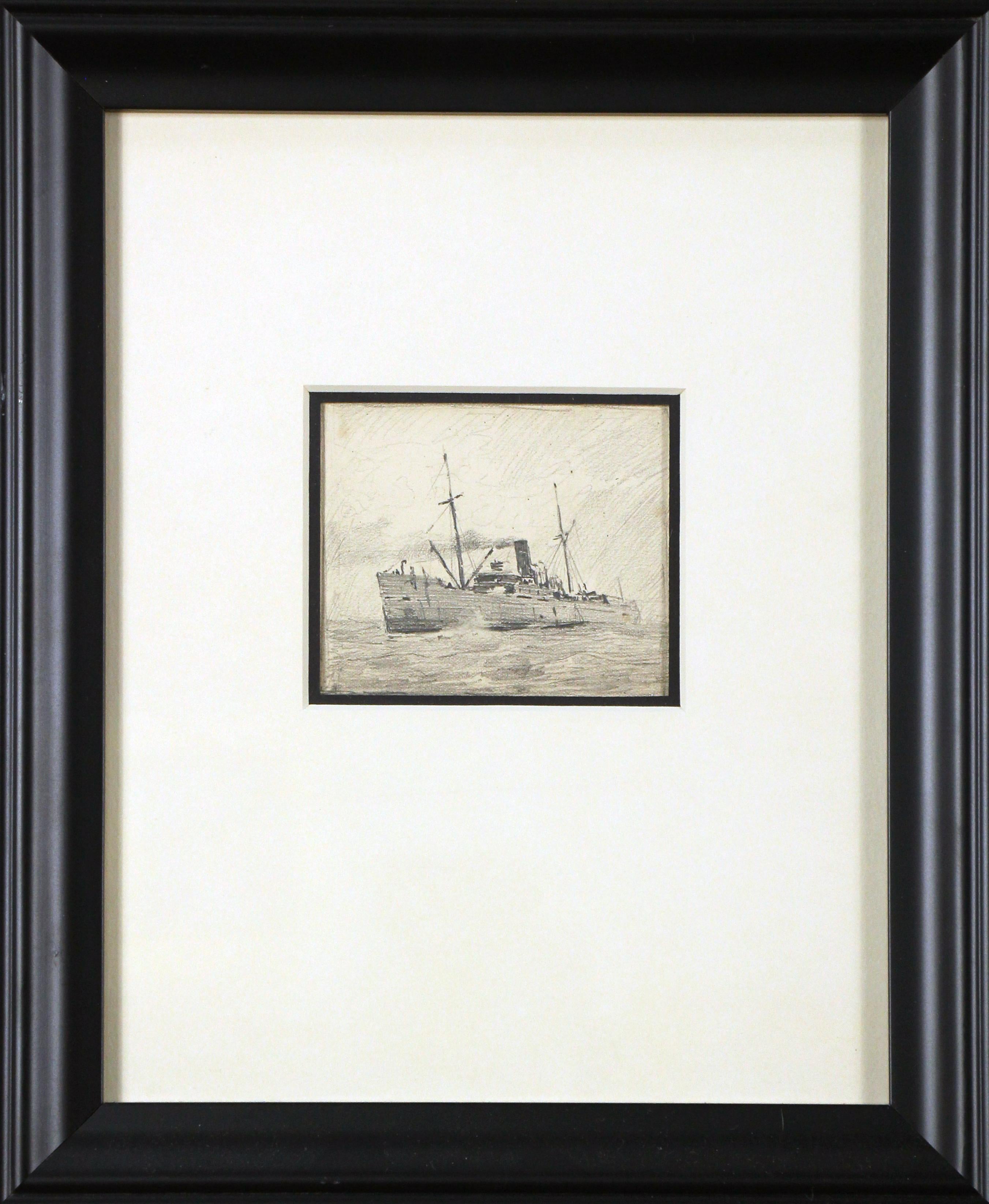Henry Bayley Snell Landscape Art - Steamer Ship, American Impressionist, Pencil Drawing on Paper, 1899