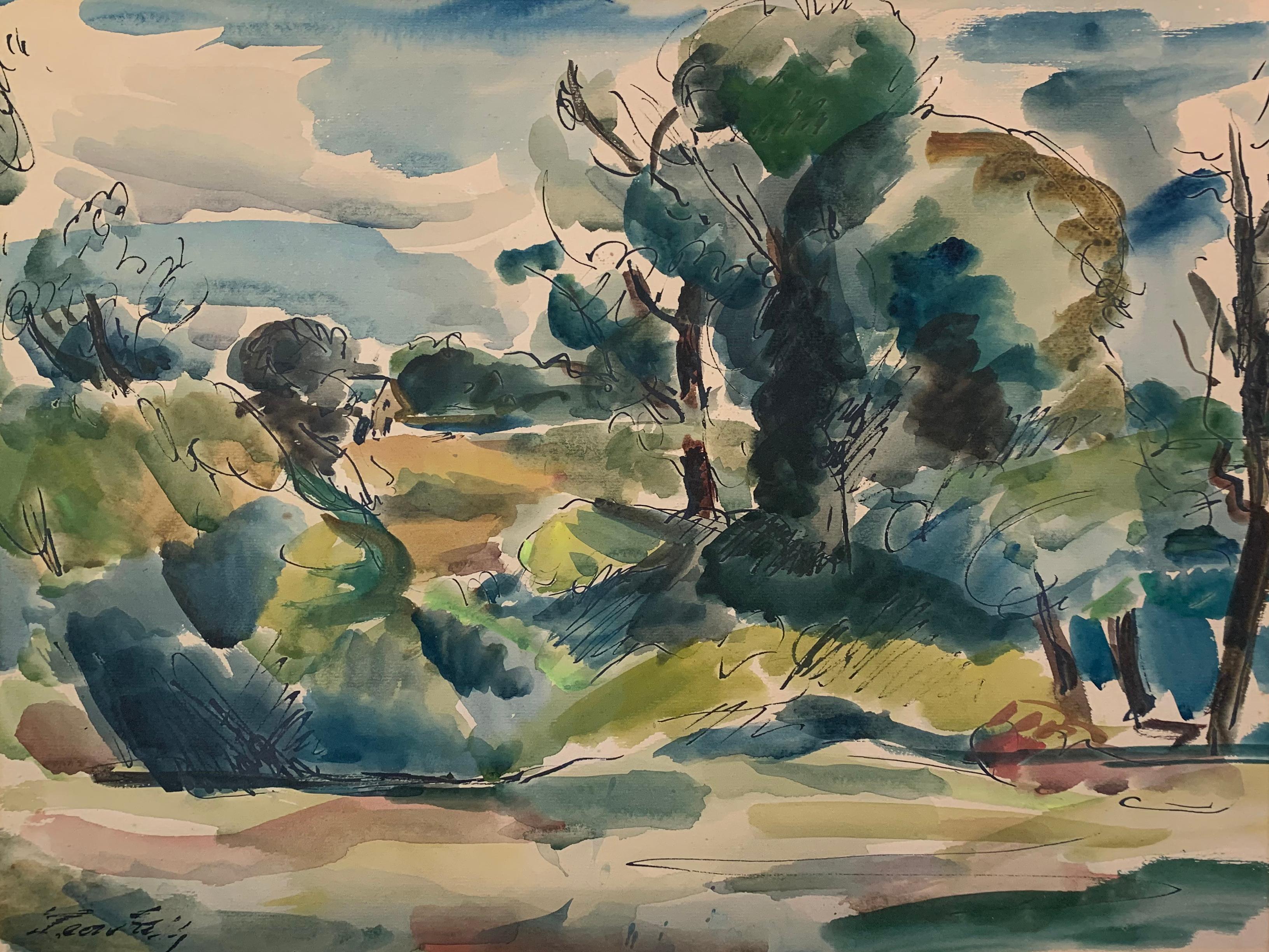 Paysage vert, aquarelle et encre sur papier, vers 1926 - Art de Leon Kelly